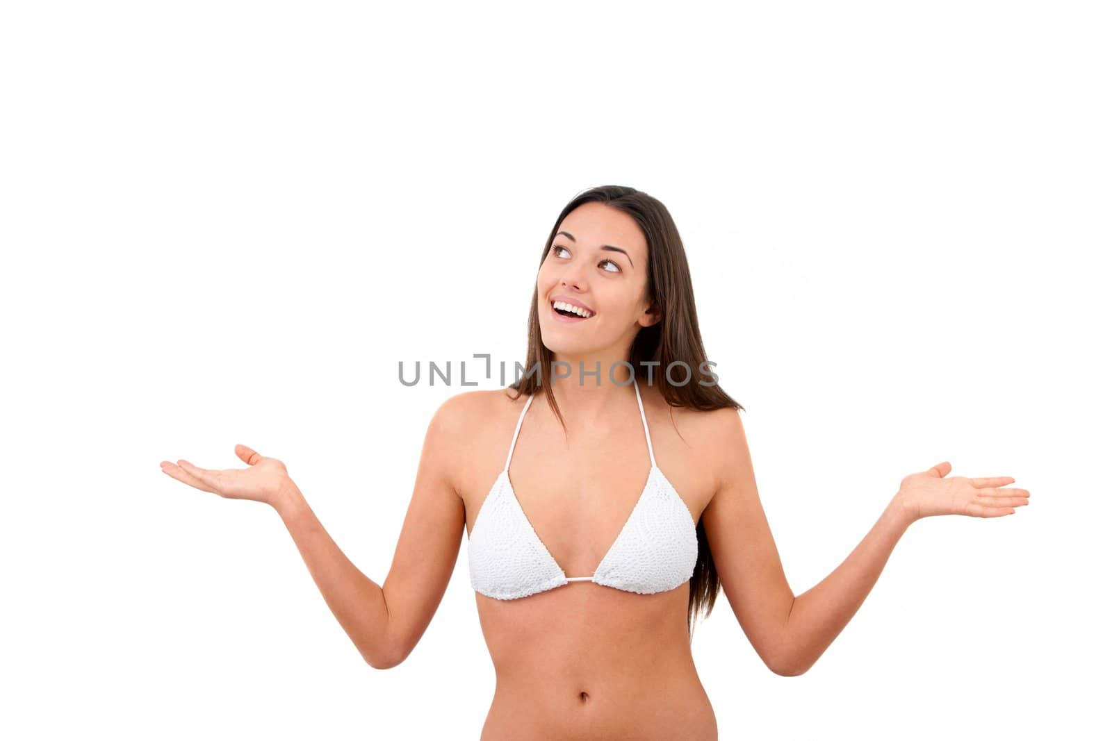Happy Young healthy woman raising hands .Isolated