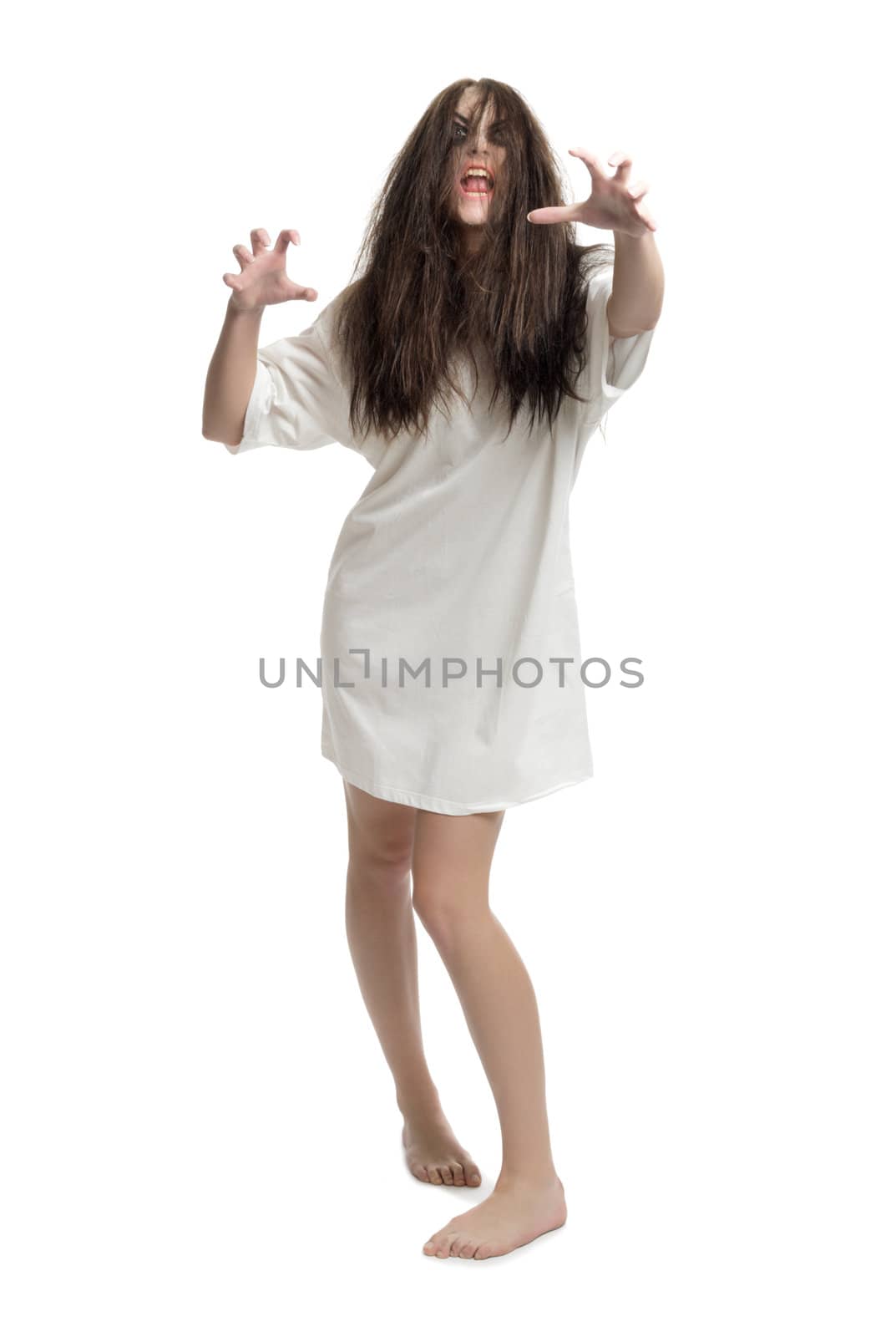 Young zombie girl isolated on white