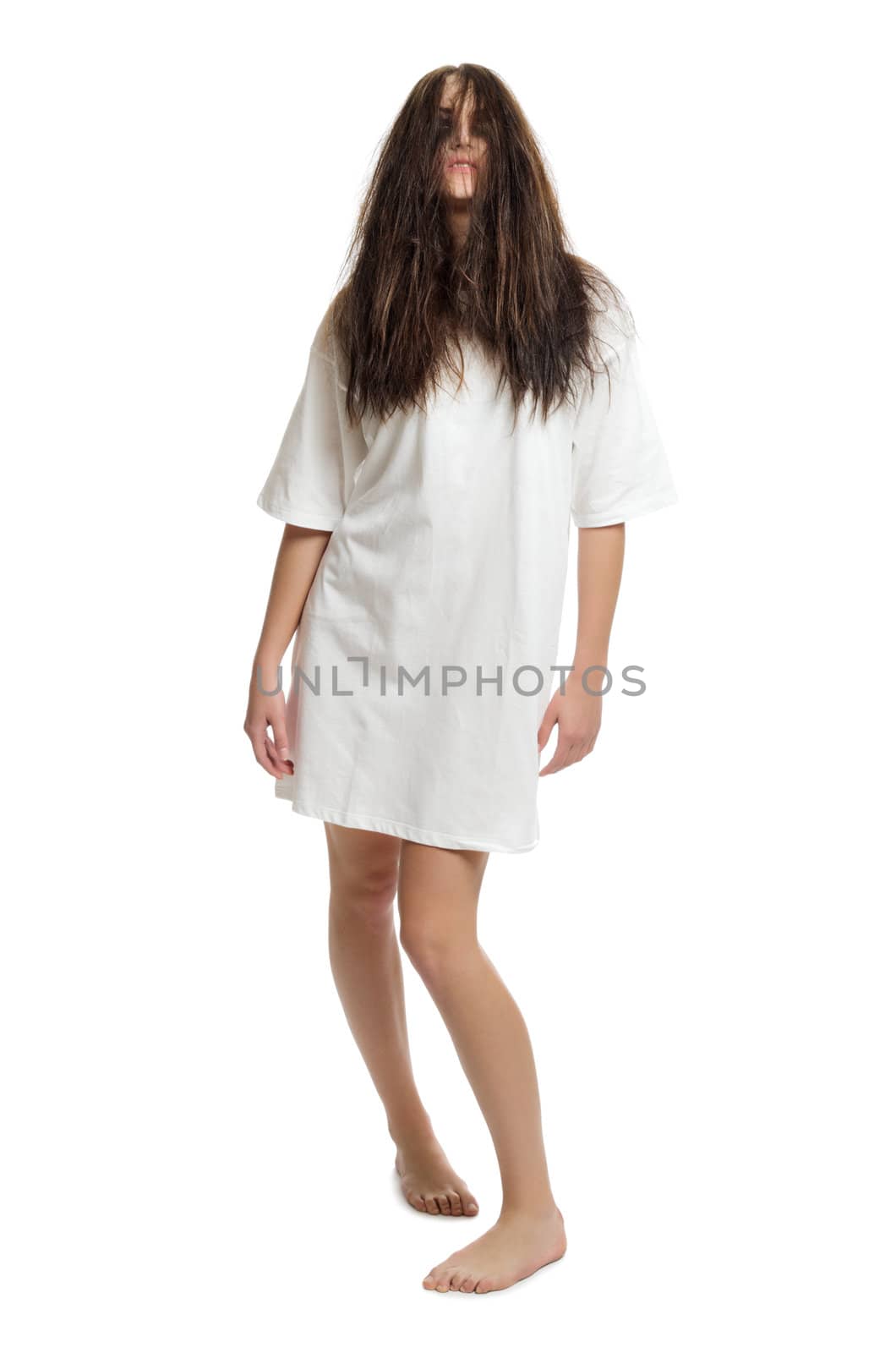 Young zombie girl isolated on white