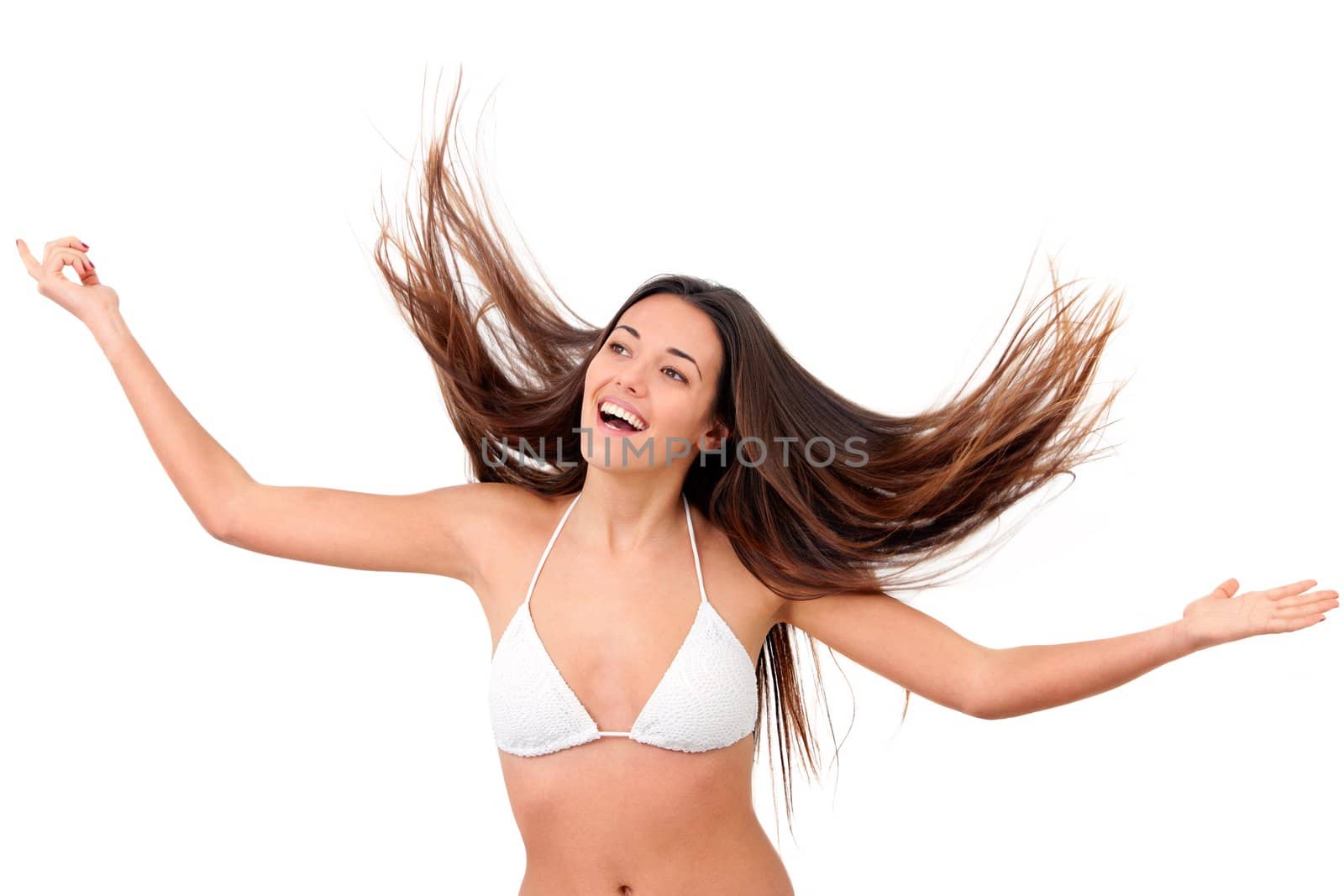 Happy Young woman raising hands.Isolated