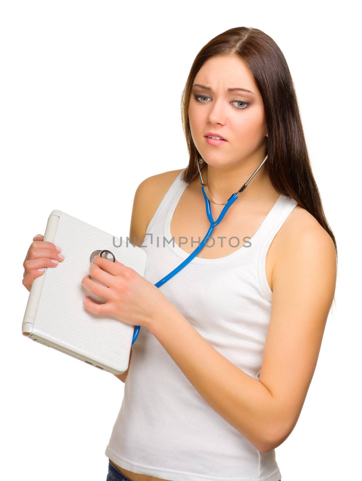 Young girl listen laptop by stethoscope isolated