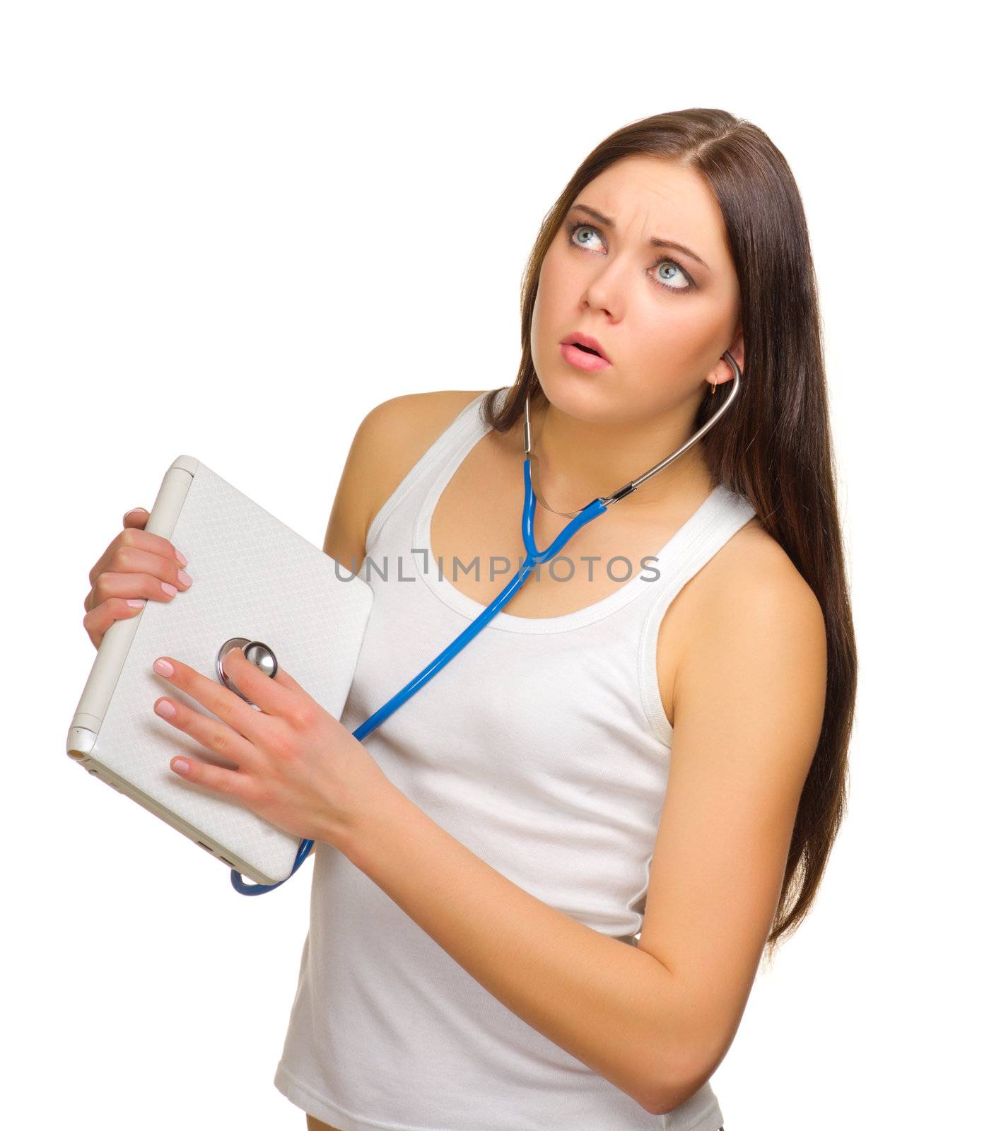 Young girl with laptop and stethoscope isolated