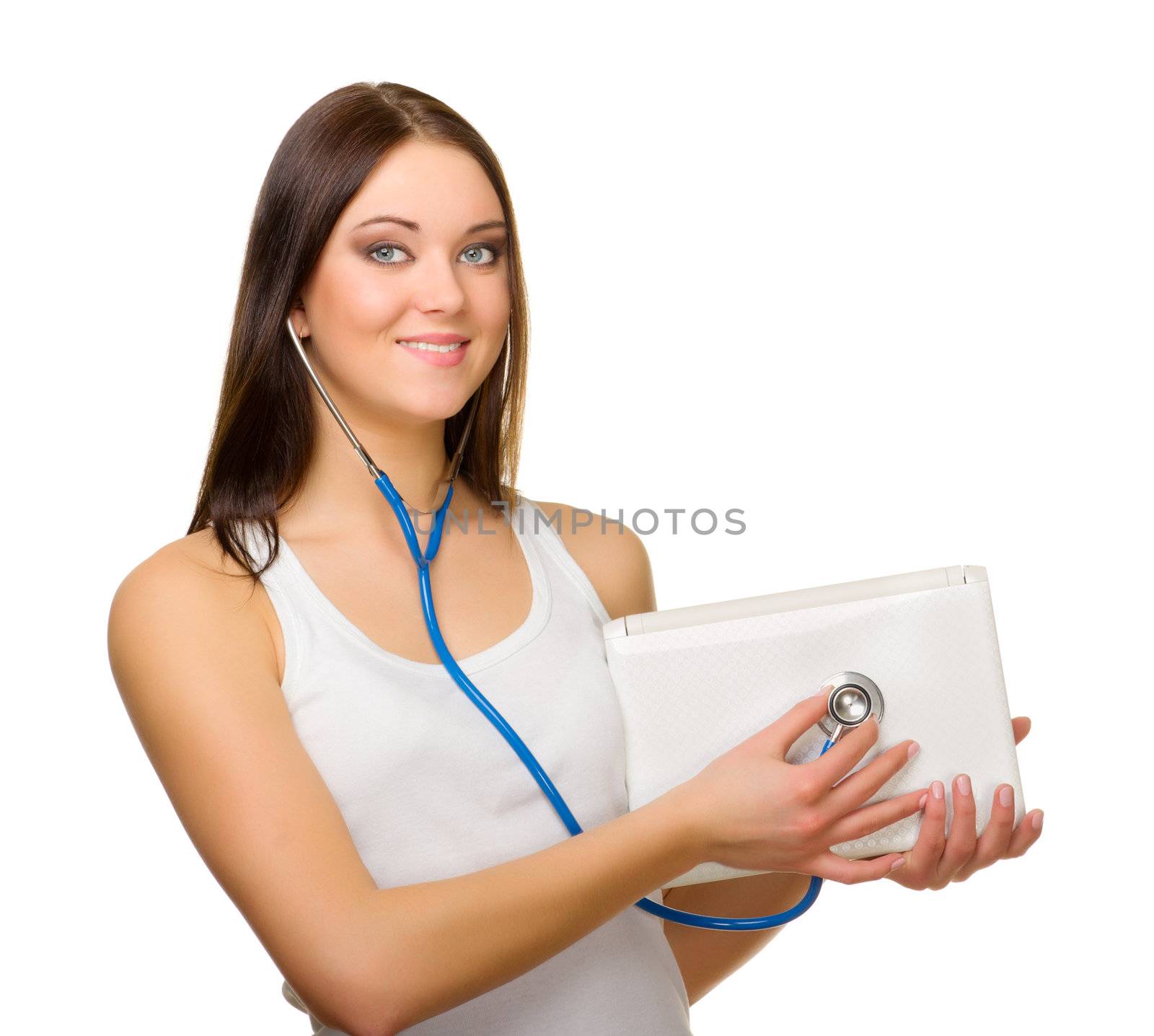 Young woman listen laptop by stethoscope isolated