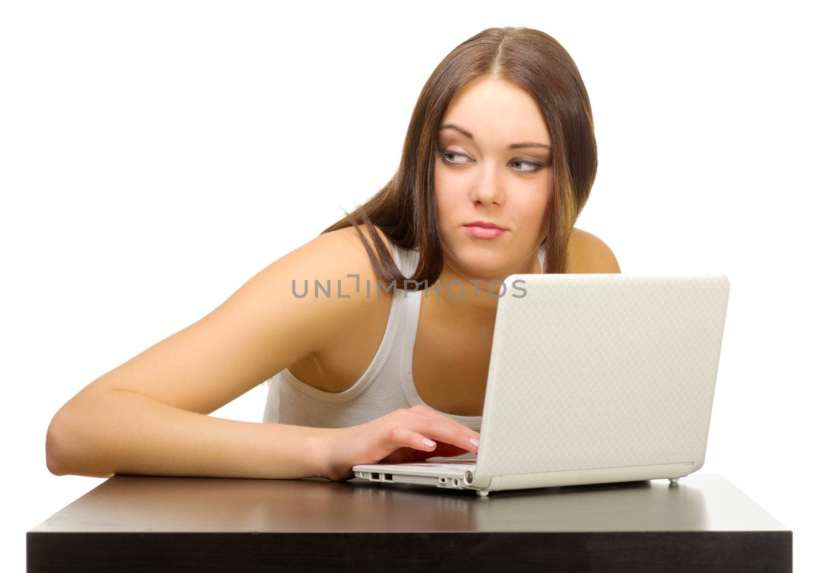 Young girl with laptop isolated