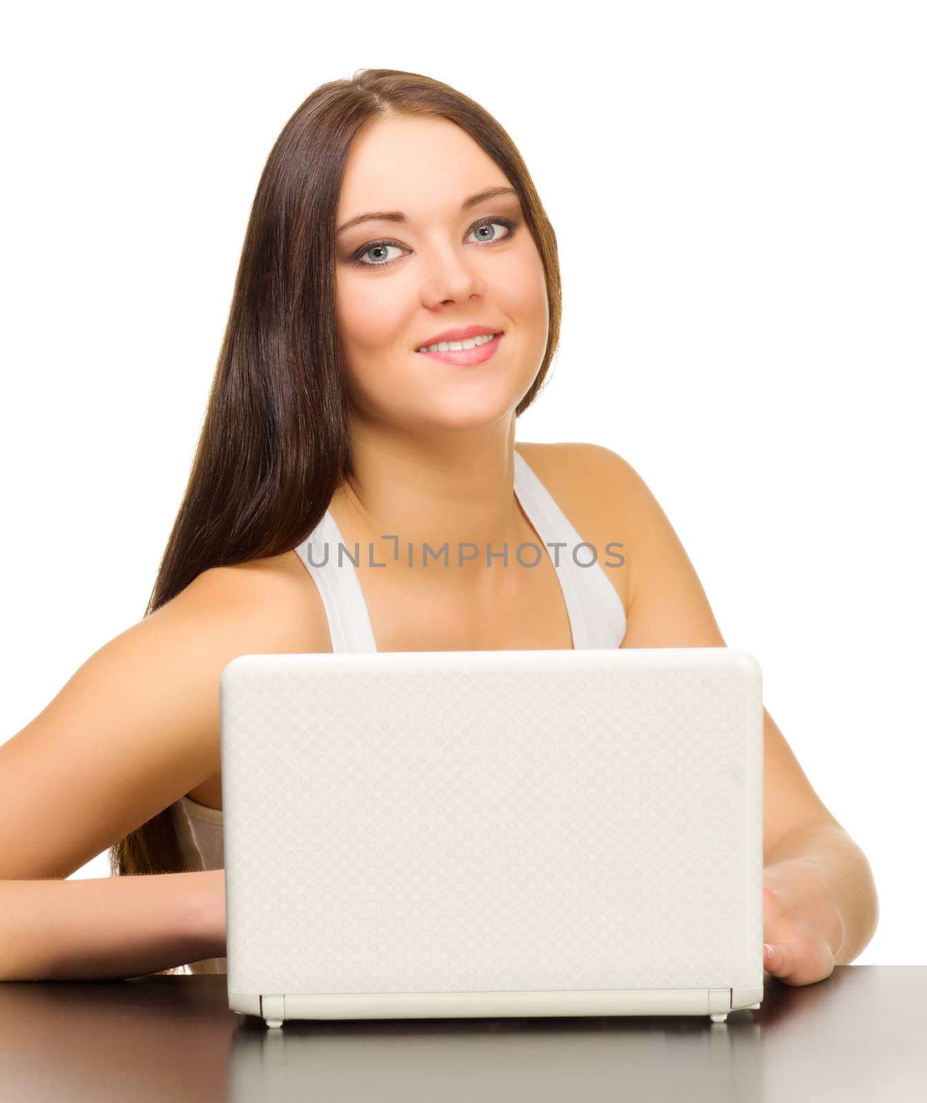 Young girl with laptop isolated