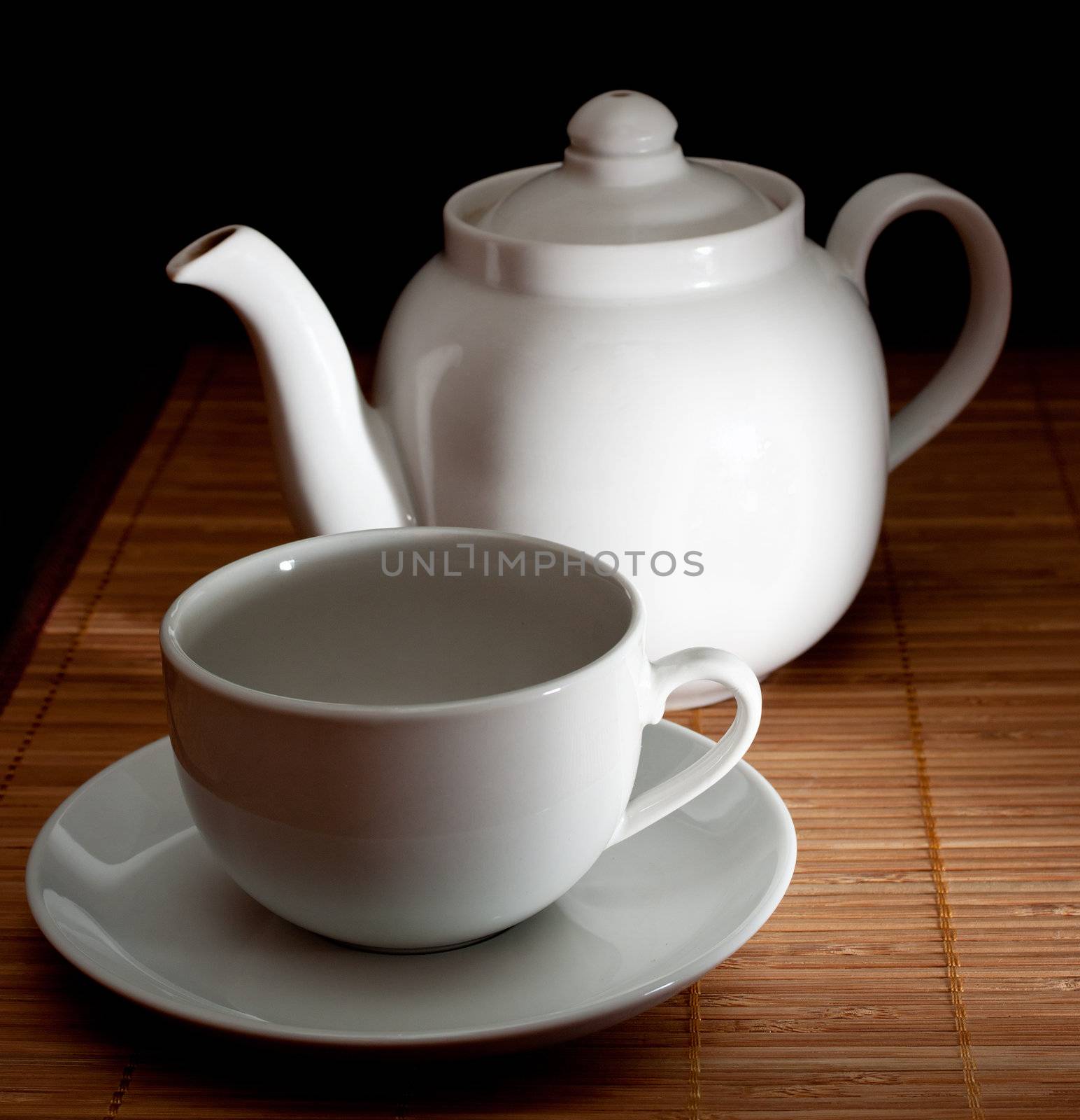 Tea and teapot on the bamboo napkin
