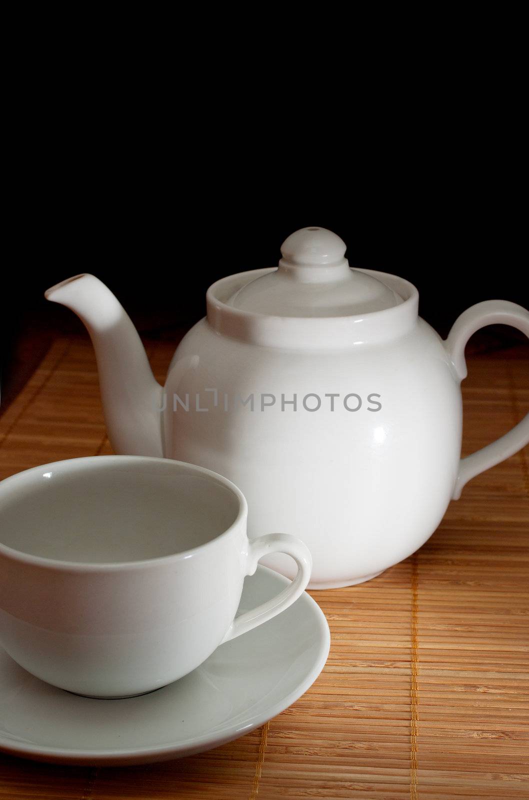 Cup and teapot on the bamboo napkin