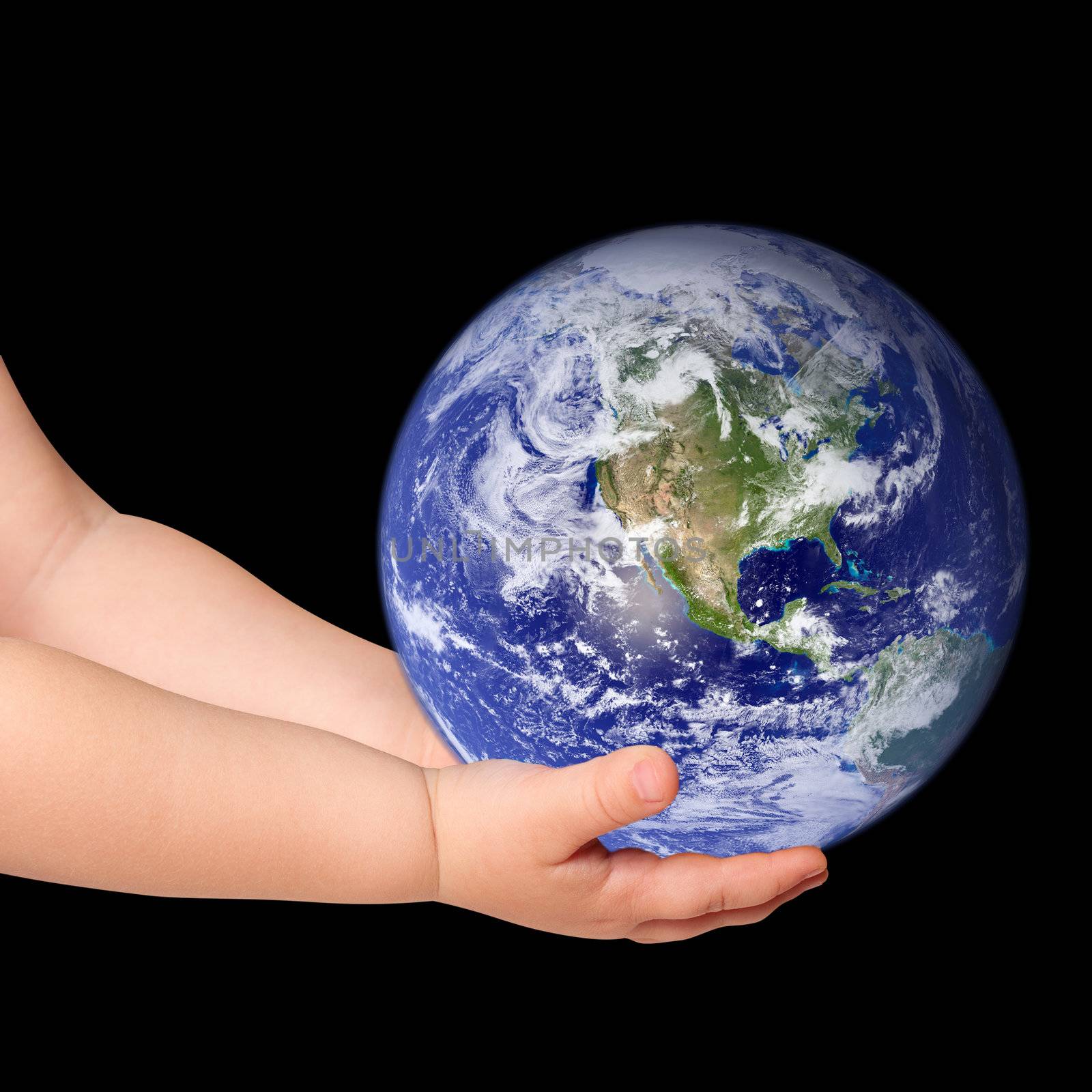 Little girl hold globe on black