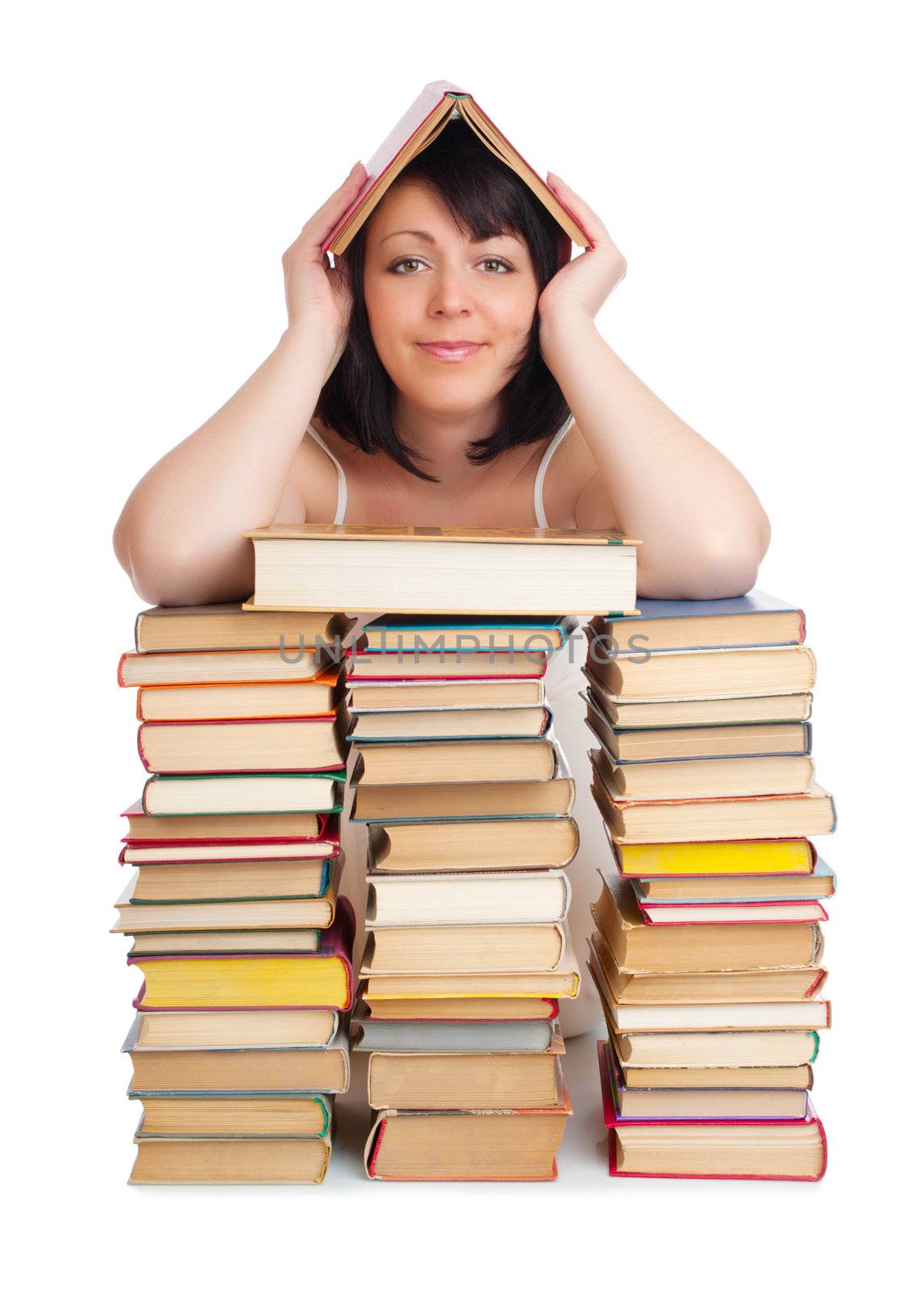 Young smiling woman with heap of books by rbv
