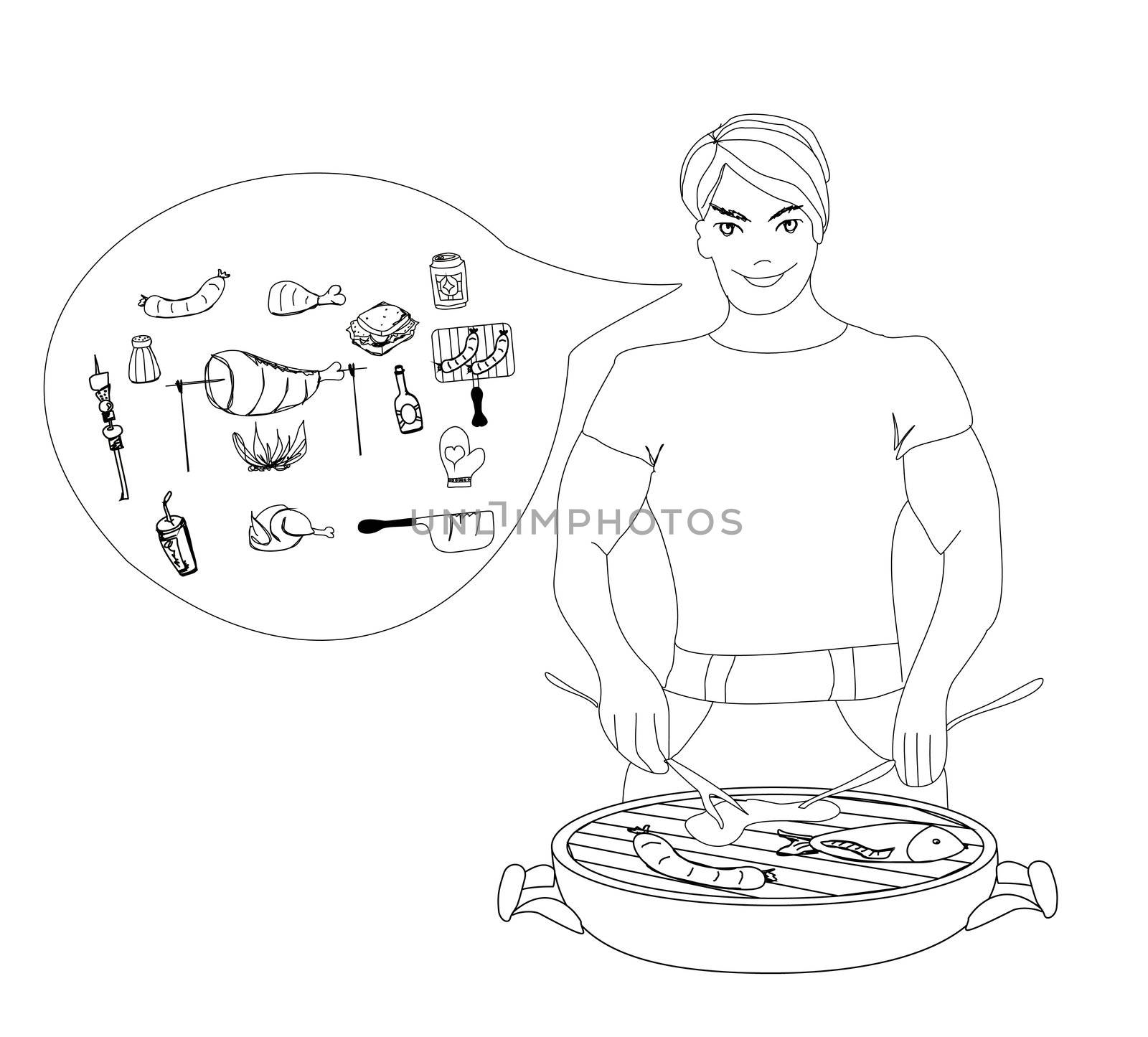 Cartoon Male dressed in grilling attire cooking meat.Barbecue icon vector set