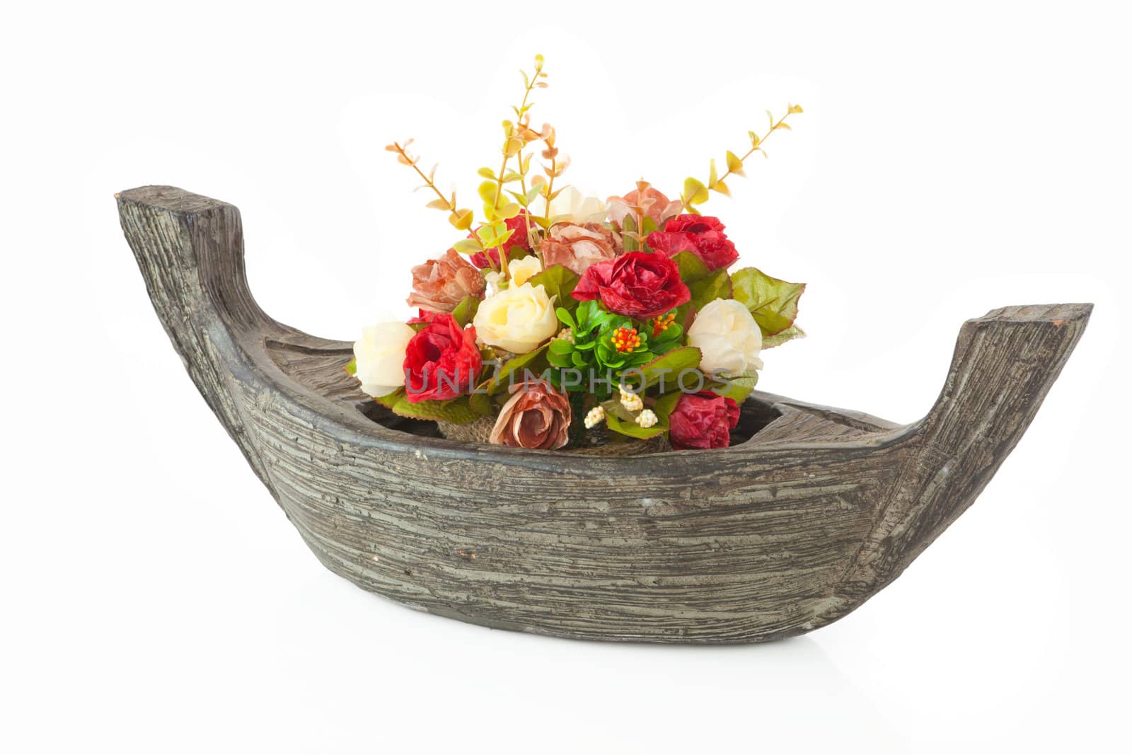 red rose flower with boat vase isolated on white background