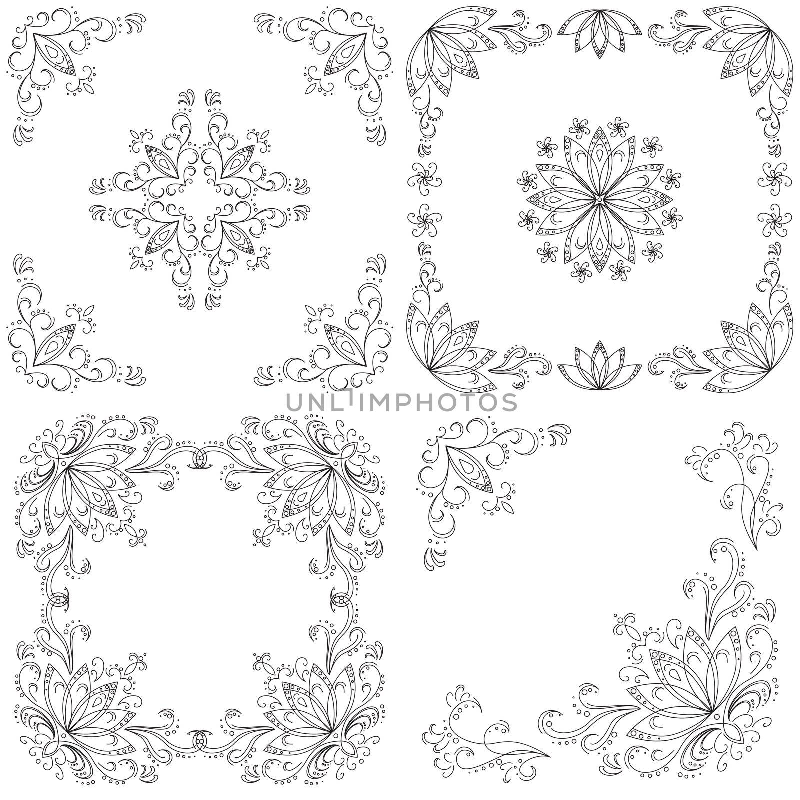 Set abstract floral backgrounds, black contour on white background