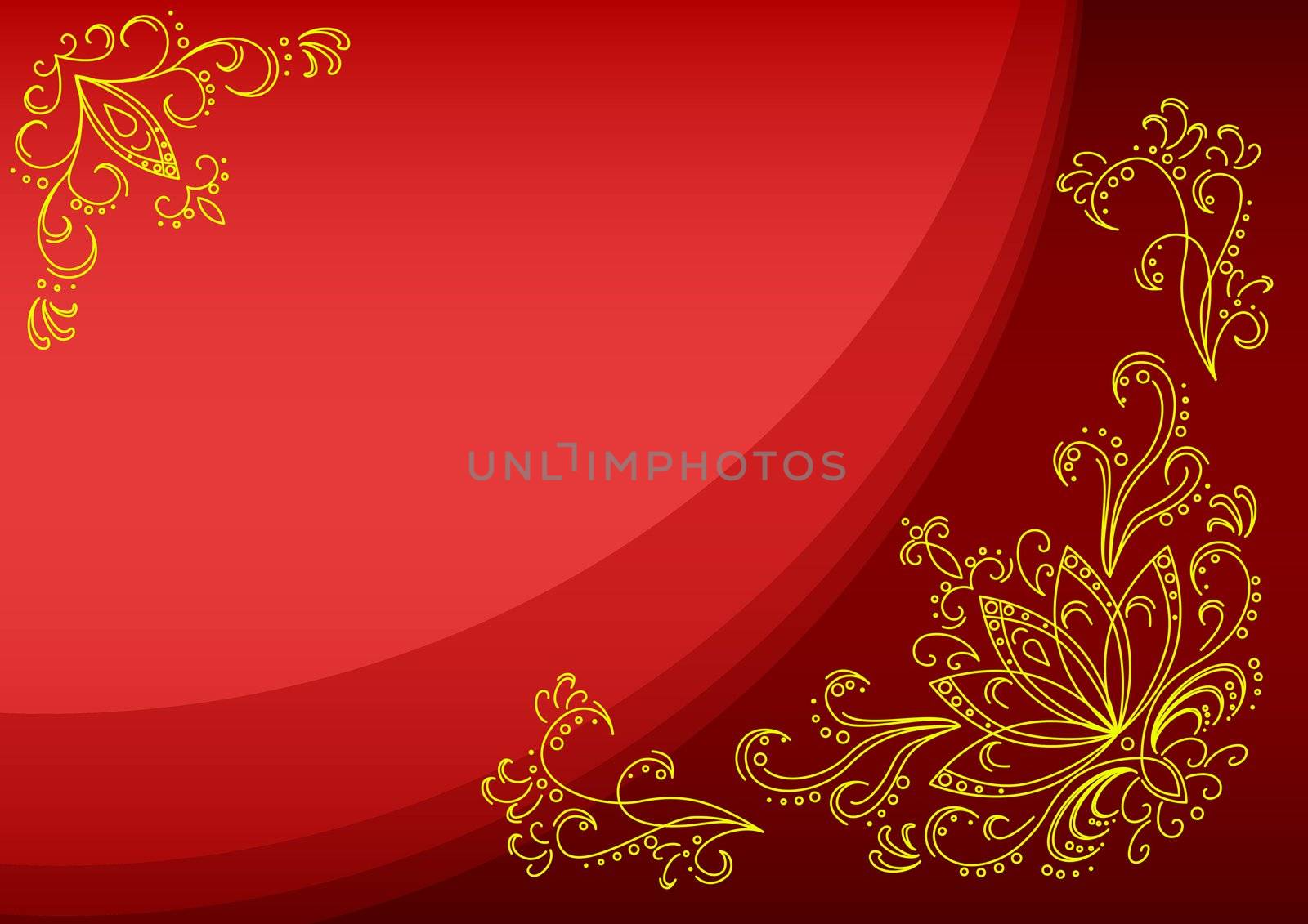 Abstract background, pattern: leaves, stalks and flowers on a scarlet
