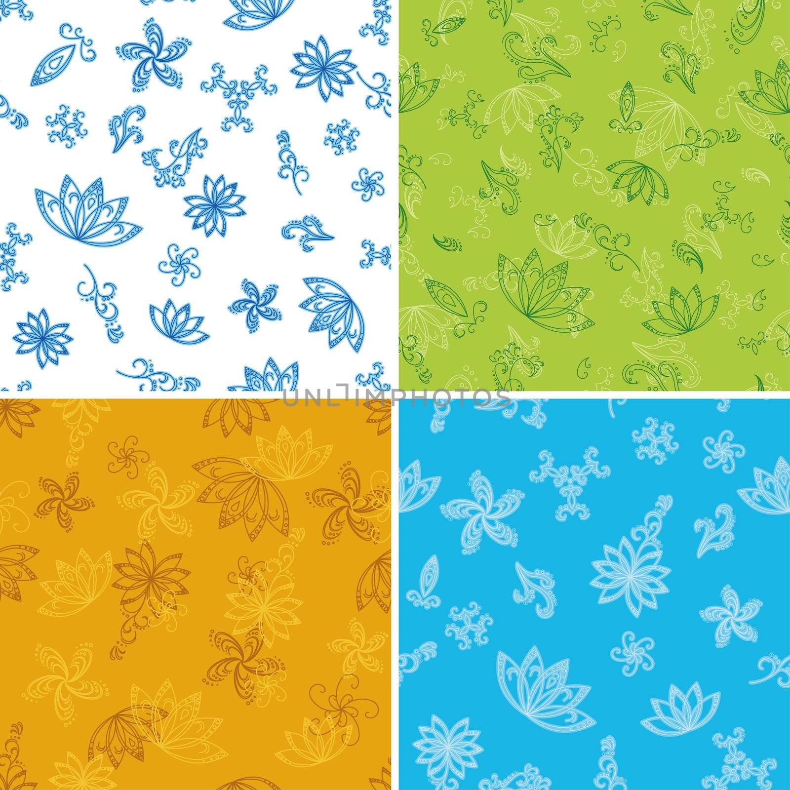 Set abstract seamless floral backgrounds with outline symbolical flowers