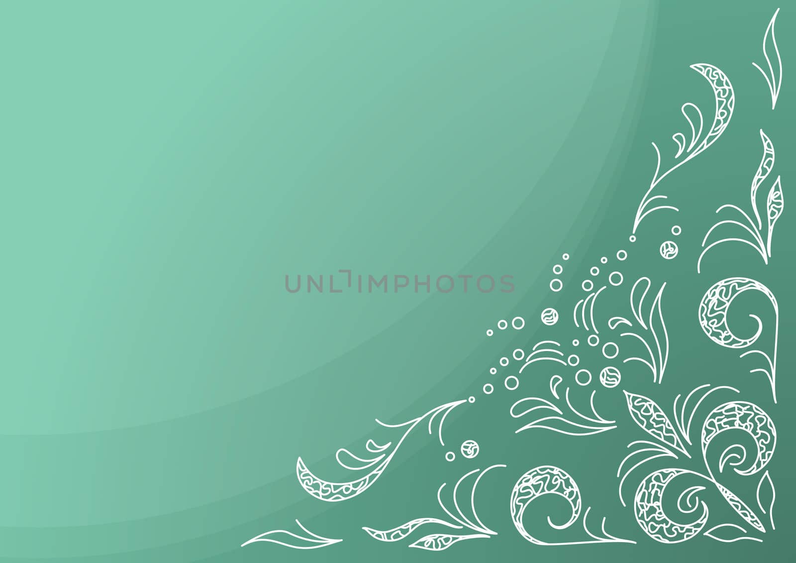 Abstract floral background: white lines, leaves and flowers on the green