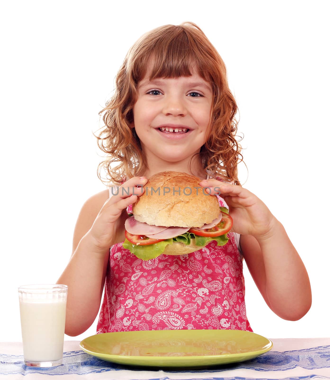 happy little girl with big sandwich