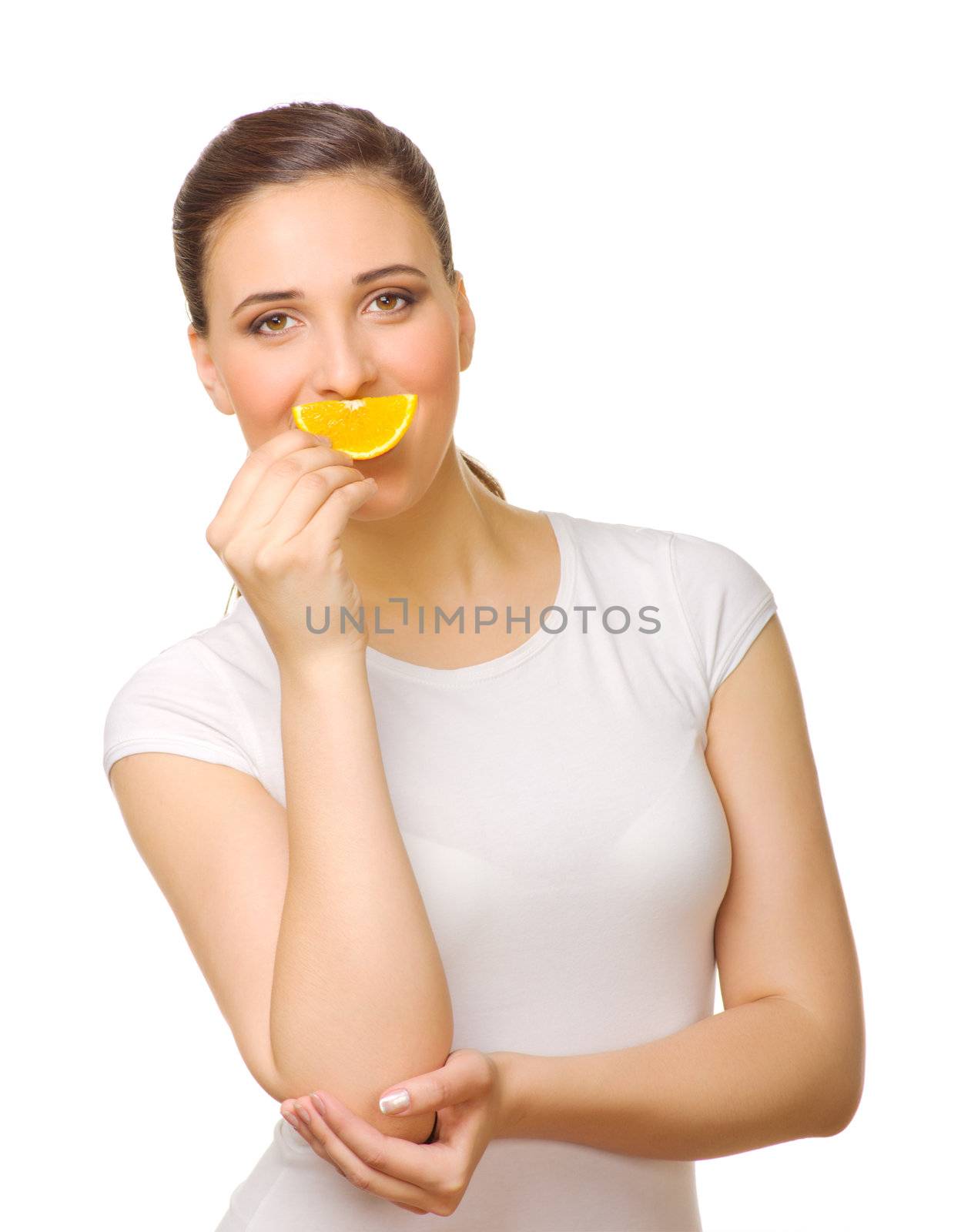 Young girl with slice of orange by rbv