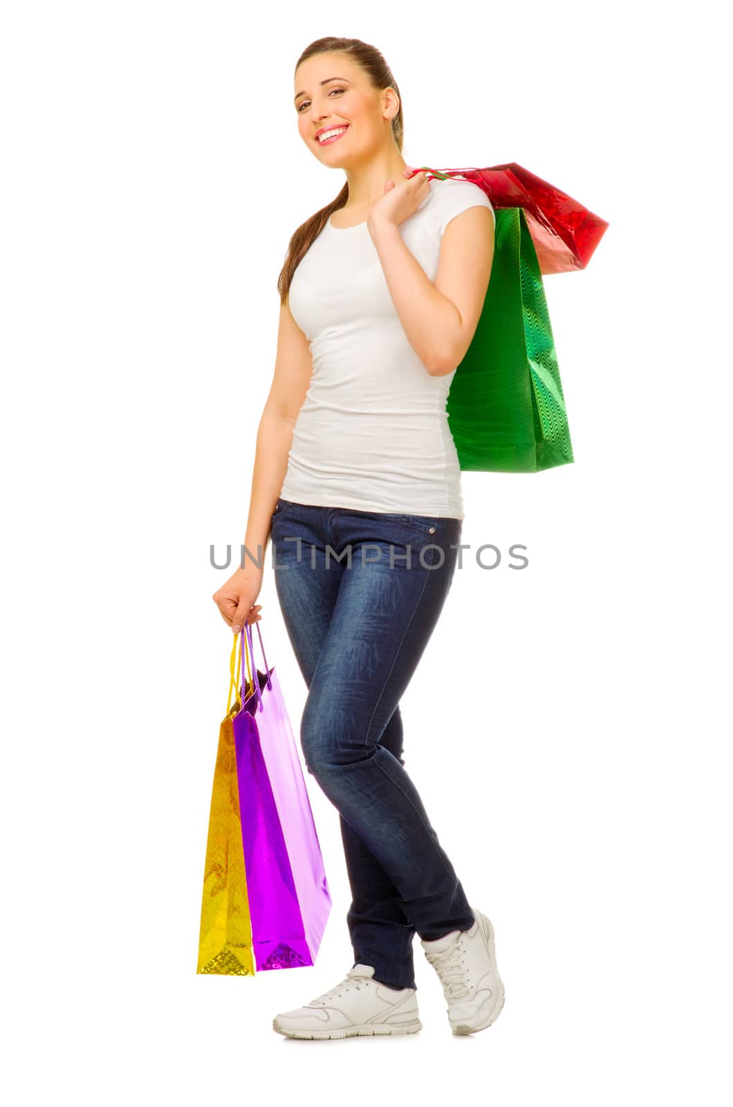 Young girl with bags isolated