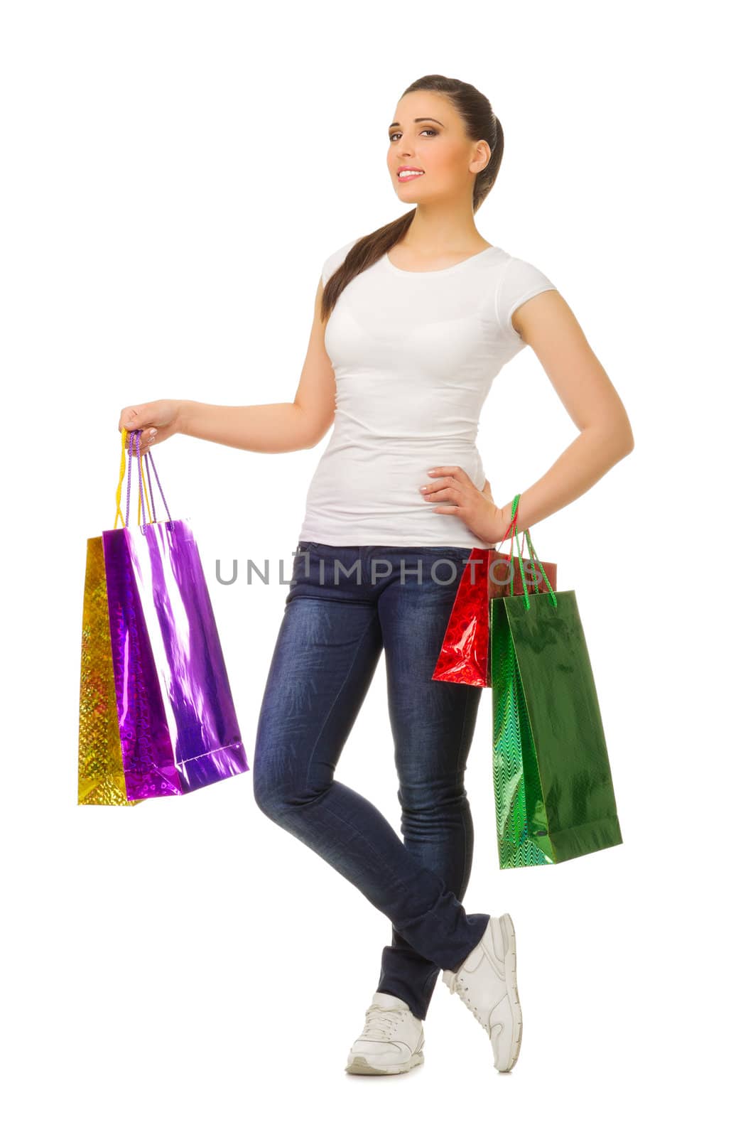 Young girl with bags isolated