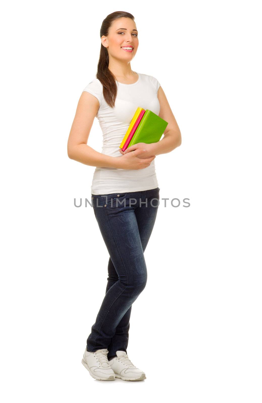 Young girl with books isolated