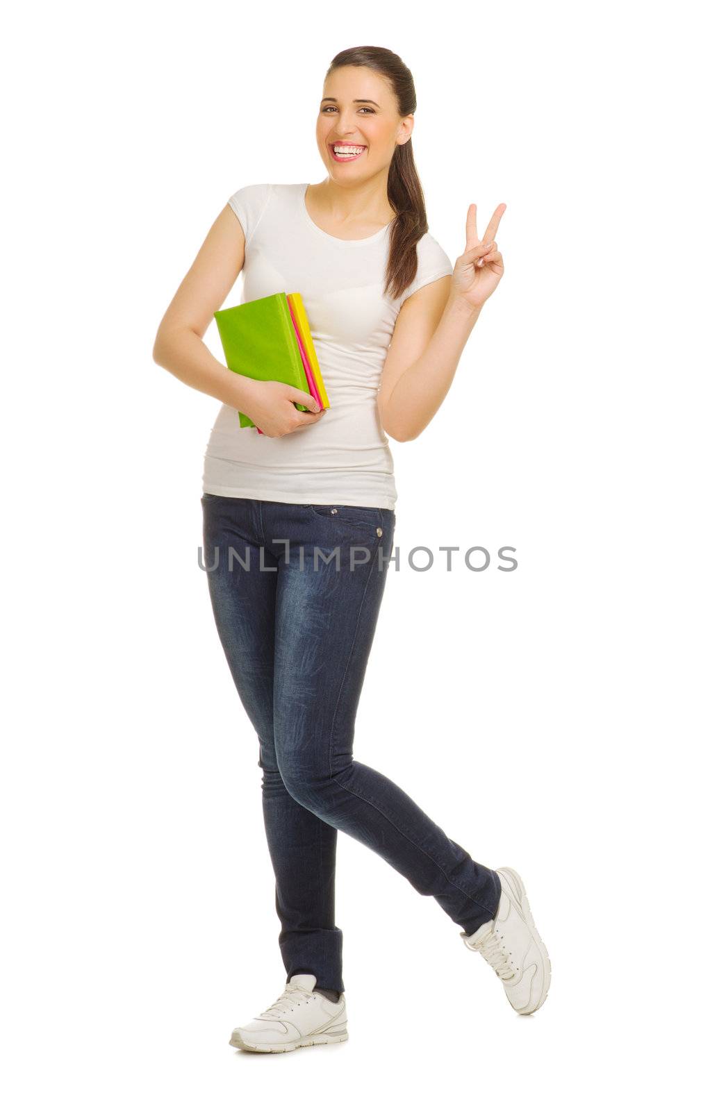 Young girl with books isolated