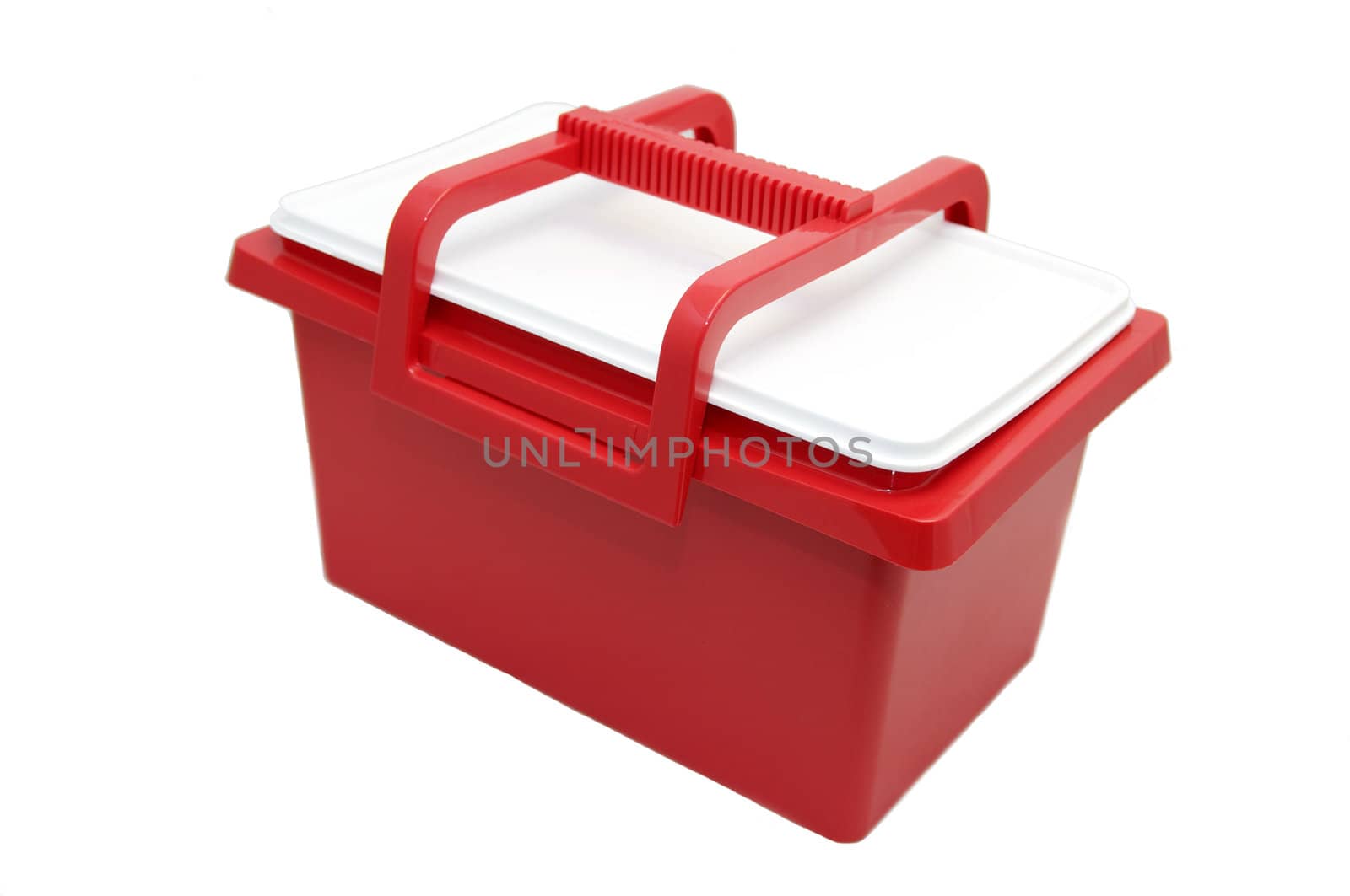 big red plastic box for a meal on a white background