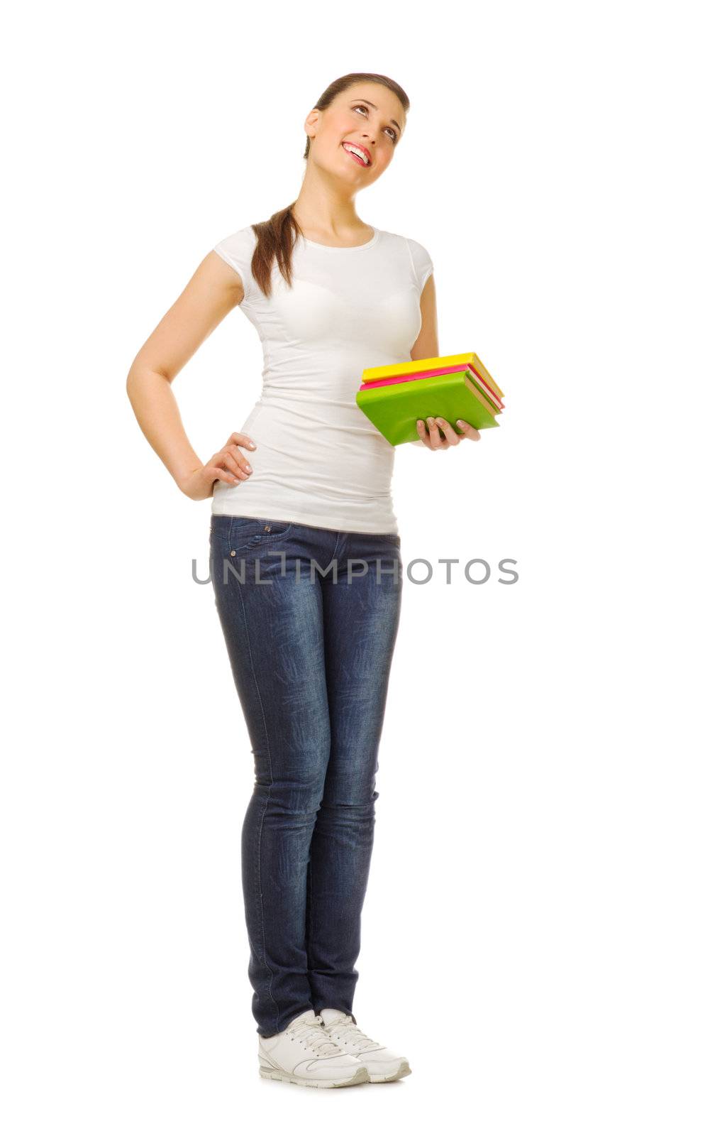 Young girl with books isolated
