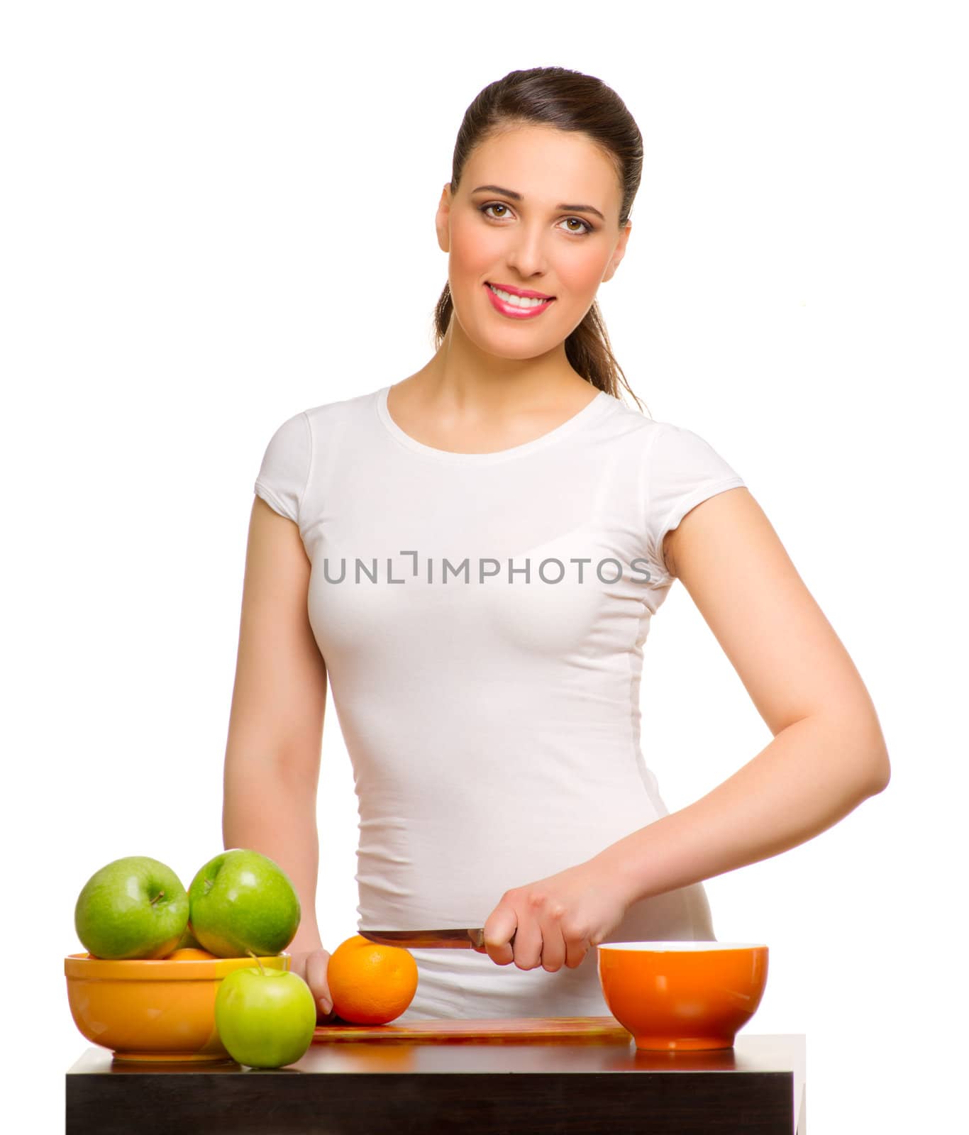 Young girl with fruits isolated