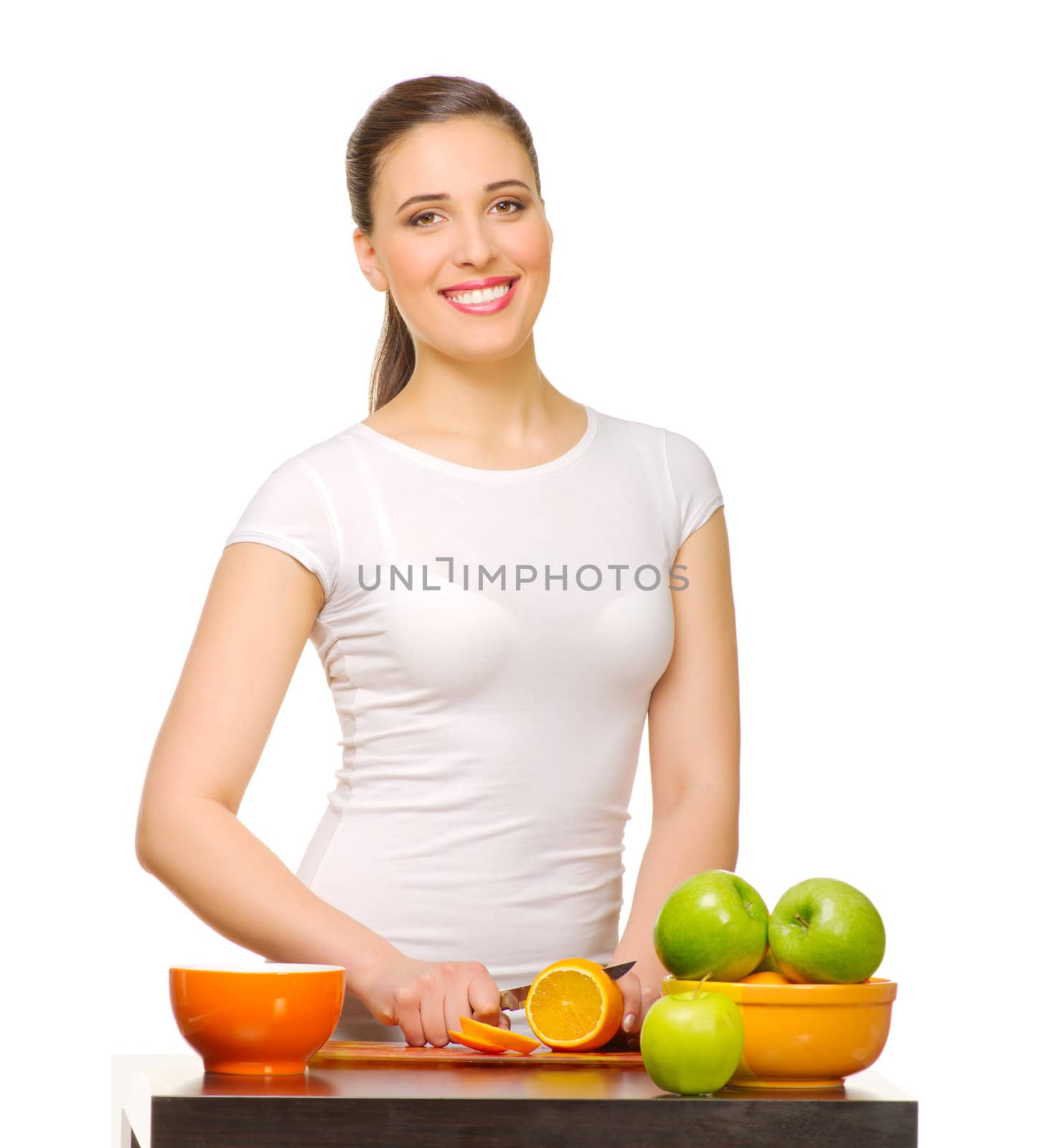 Young girl with fruits isolated