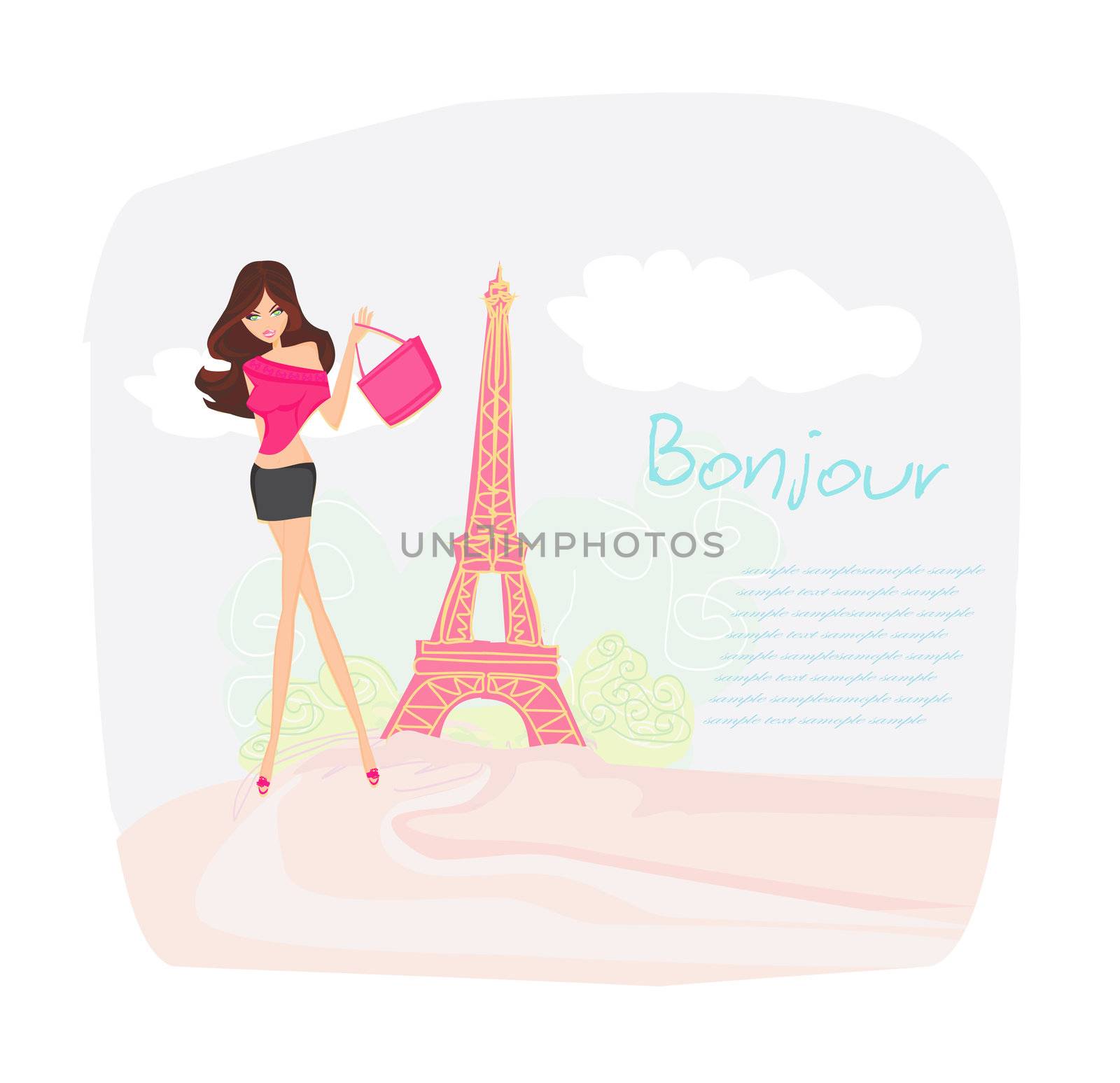 beautiful women Shopping in Paris - vector card