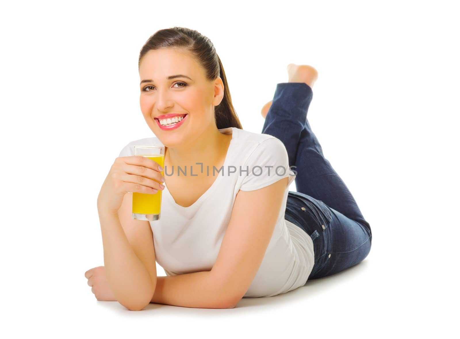 Young woman with orange juice isolated