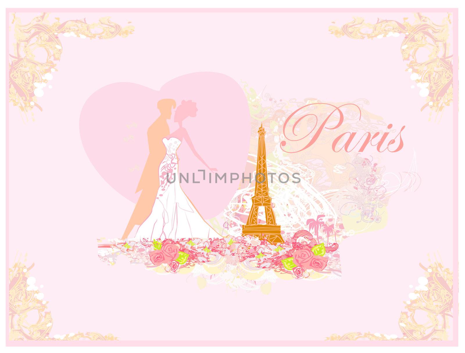 Romantic couple in Paris kissing near the Eiffel Tower. Retro card.