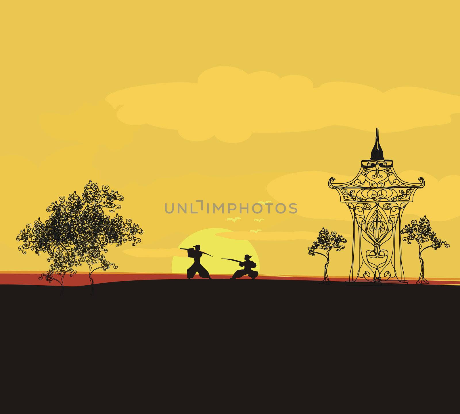 Samurai silhouette in Asian Landscape by JackyBrown