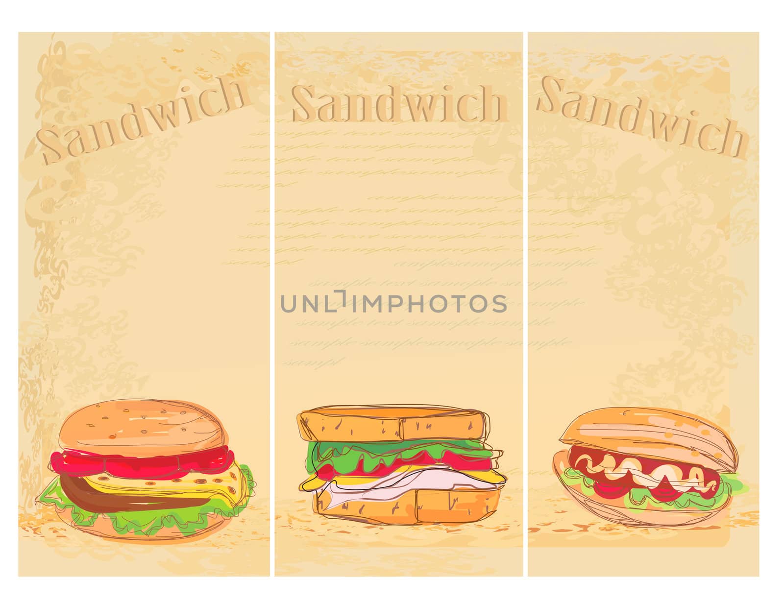 Horizontal grunge background with sandwich set