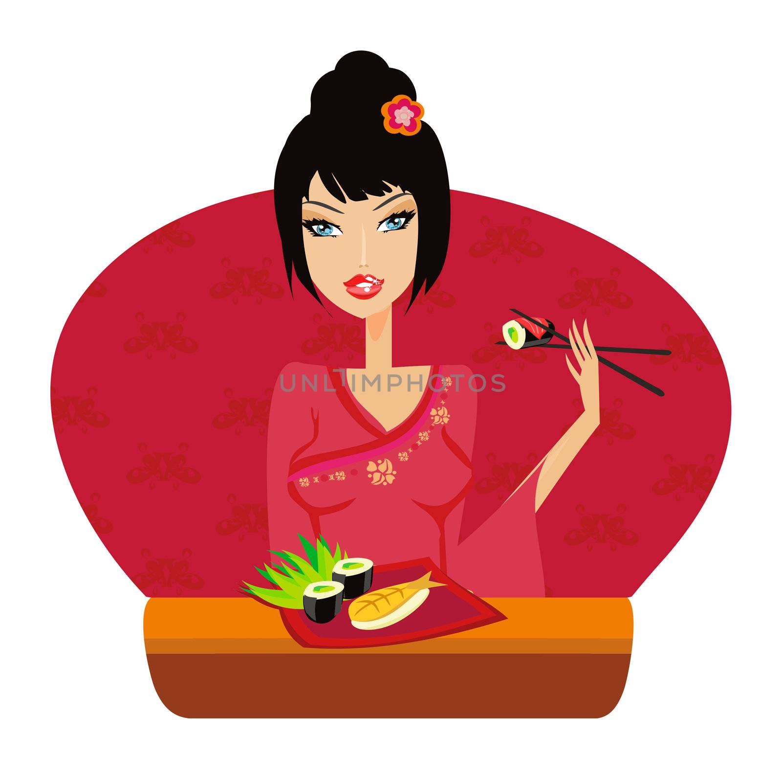 beautiful Asian girl enjoy sushi by JackyBrown