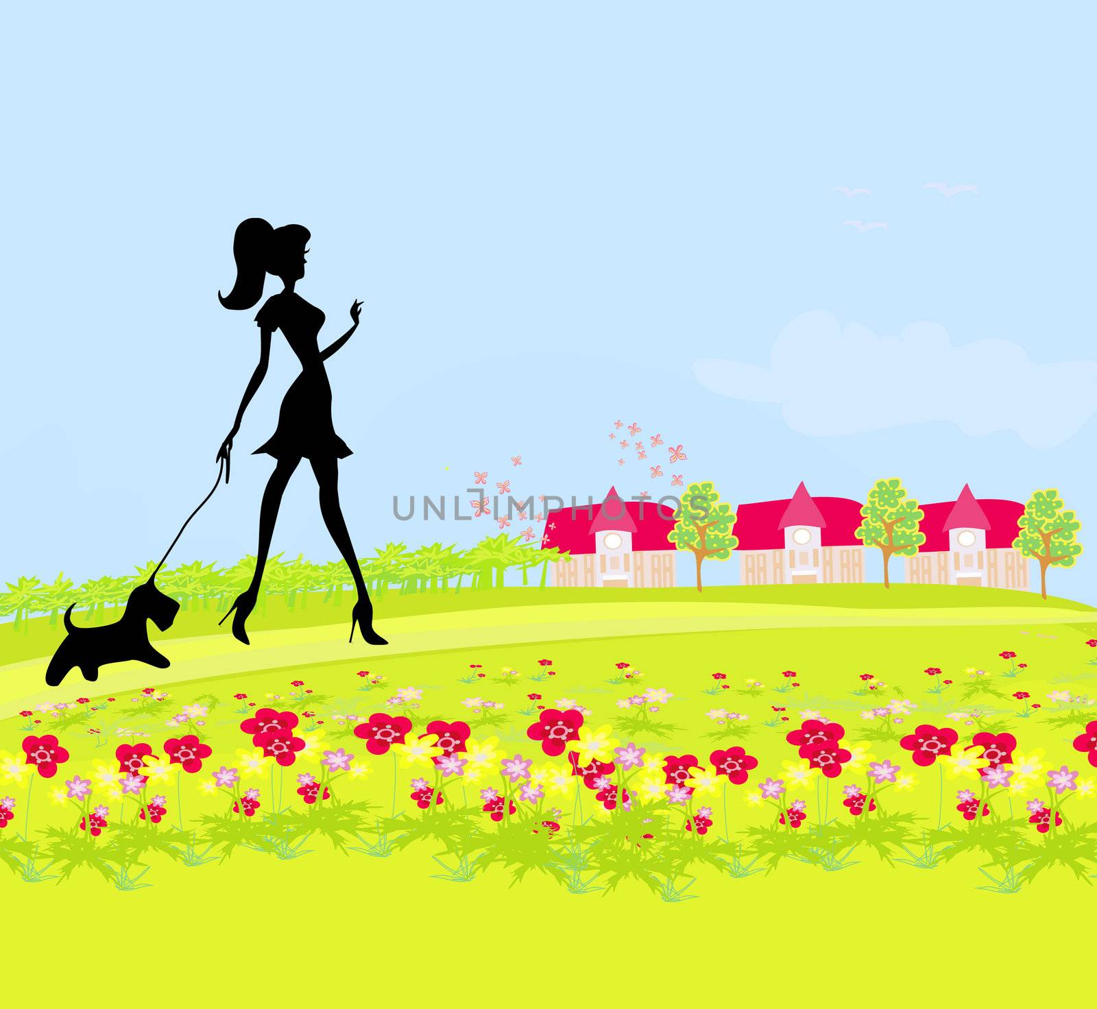 Pretty girl walking the dog by JackyBrown