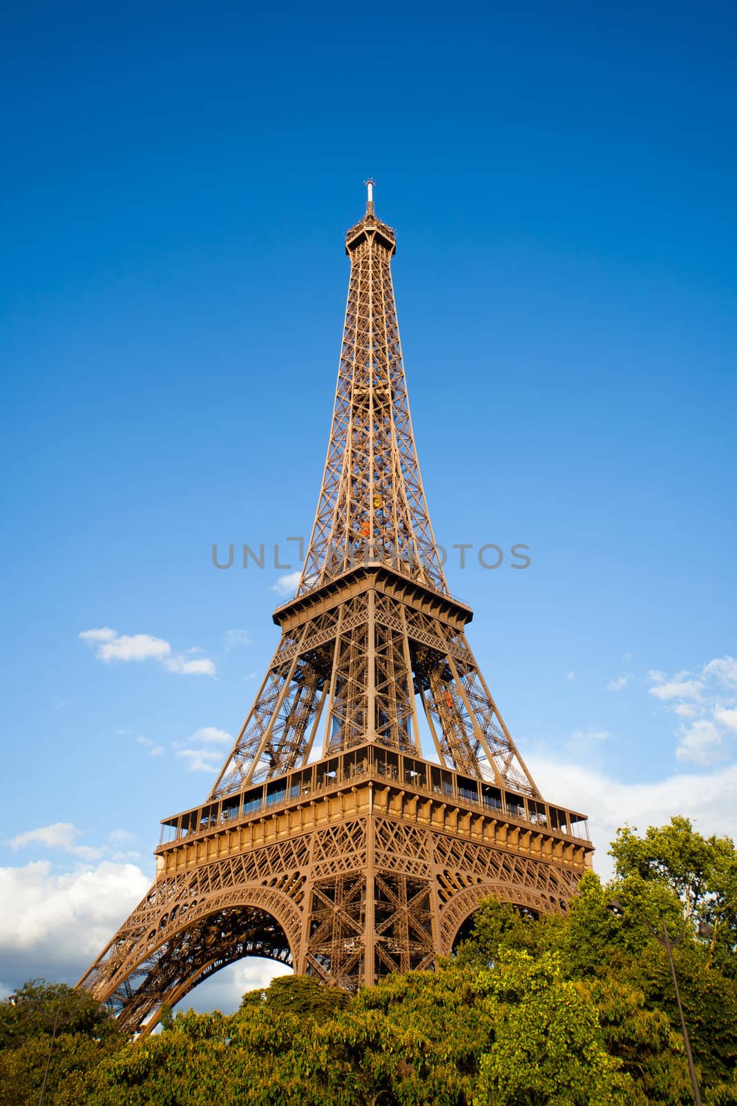a view of Eiffel Tower in sunlight