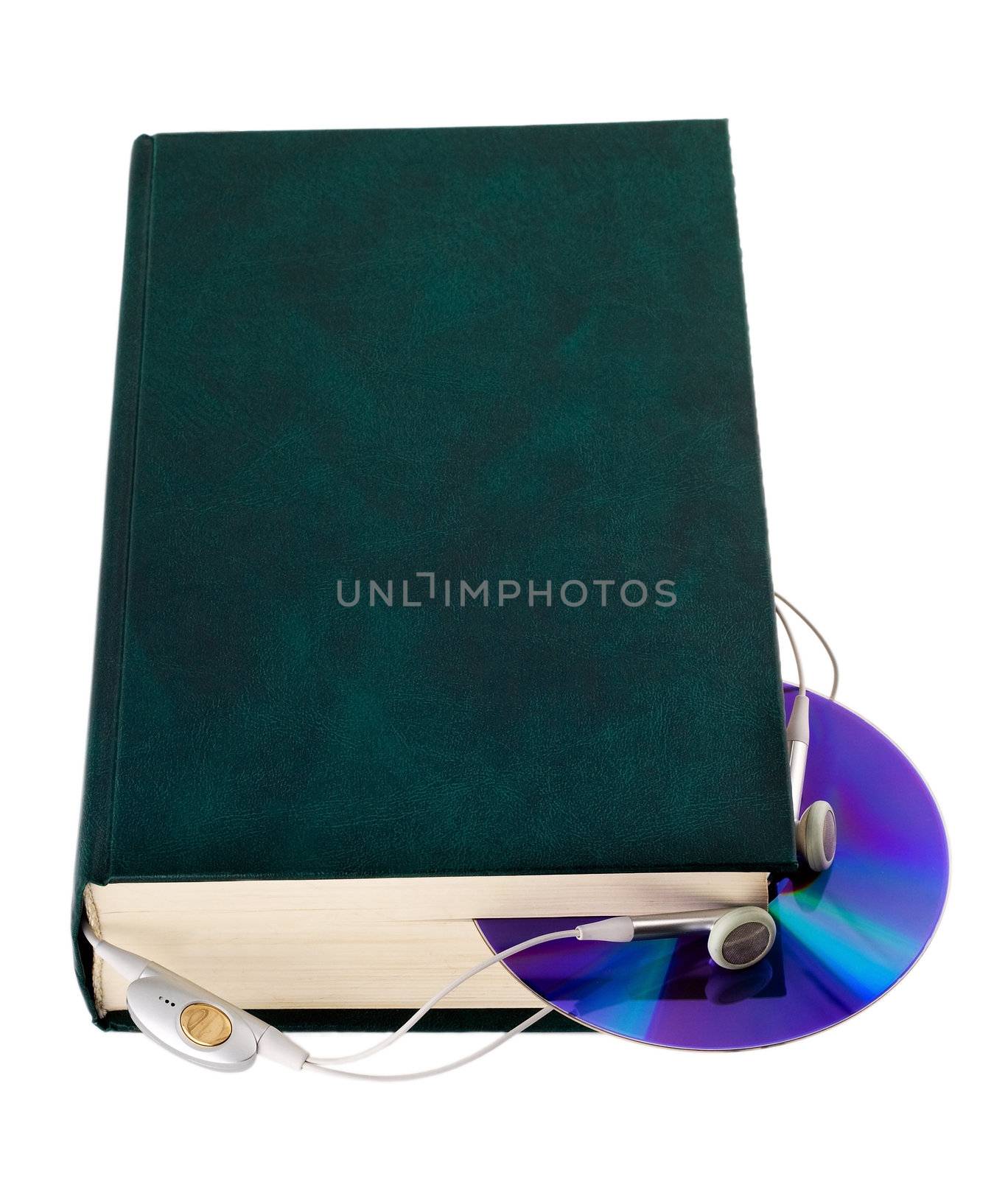 CD with headphones and books on white background