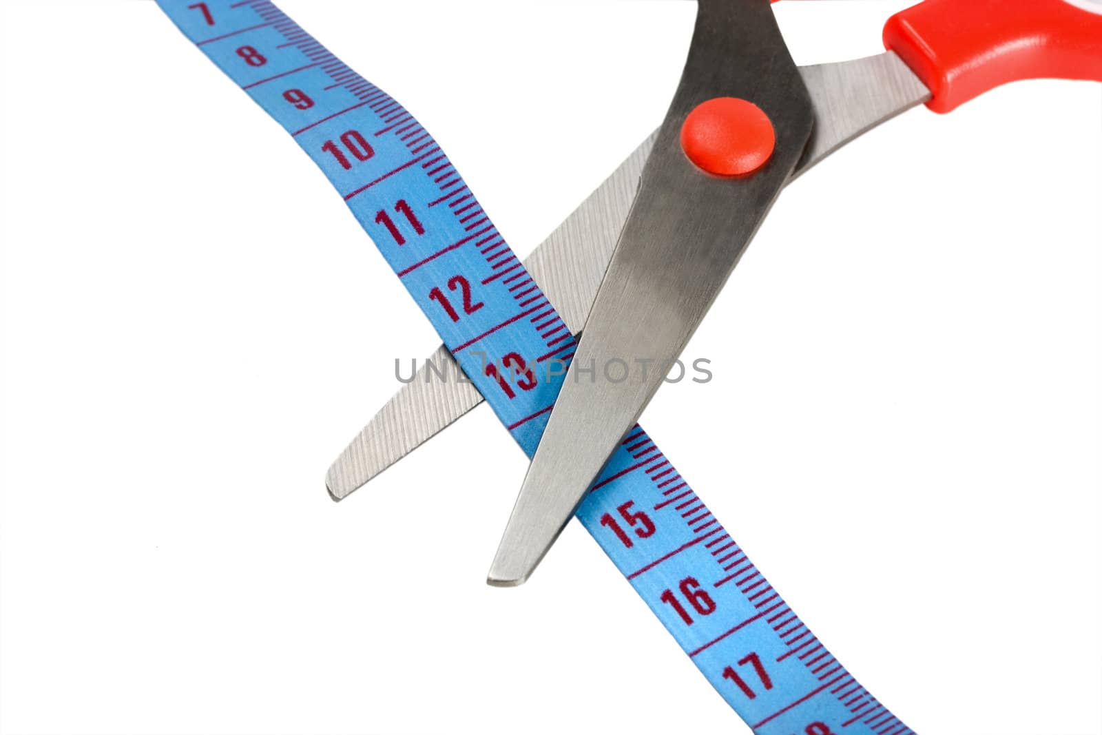 Scissors and blue tape measuring isolated on white background