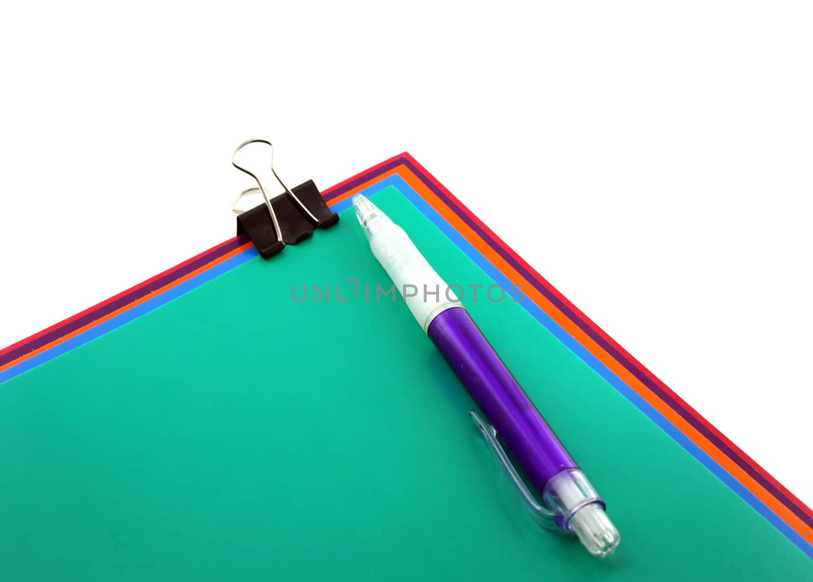 Color papers, black clip and pen