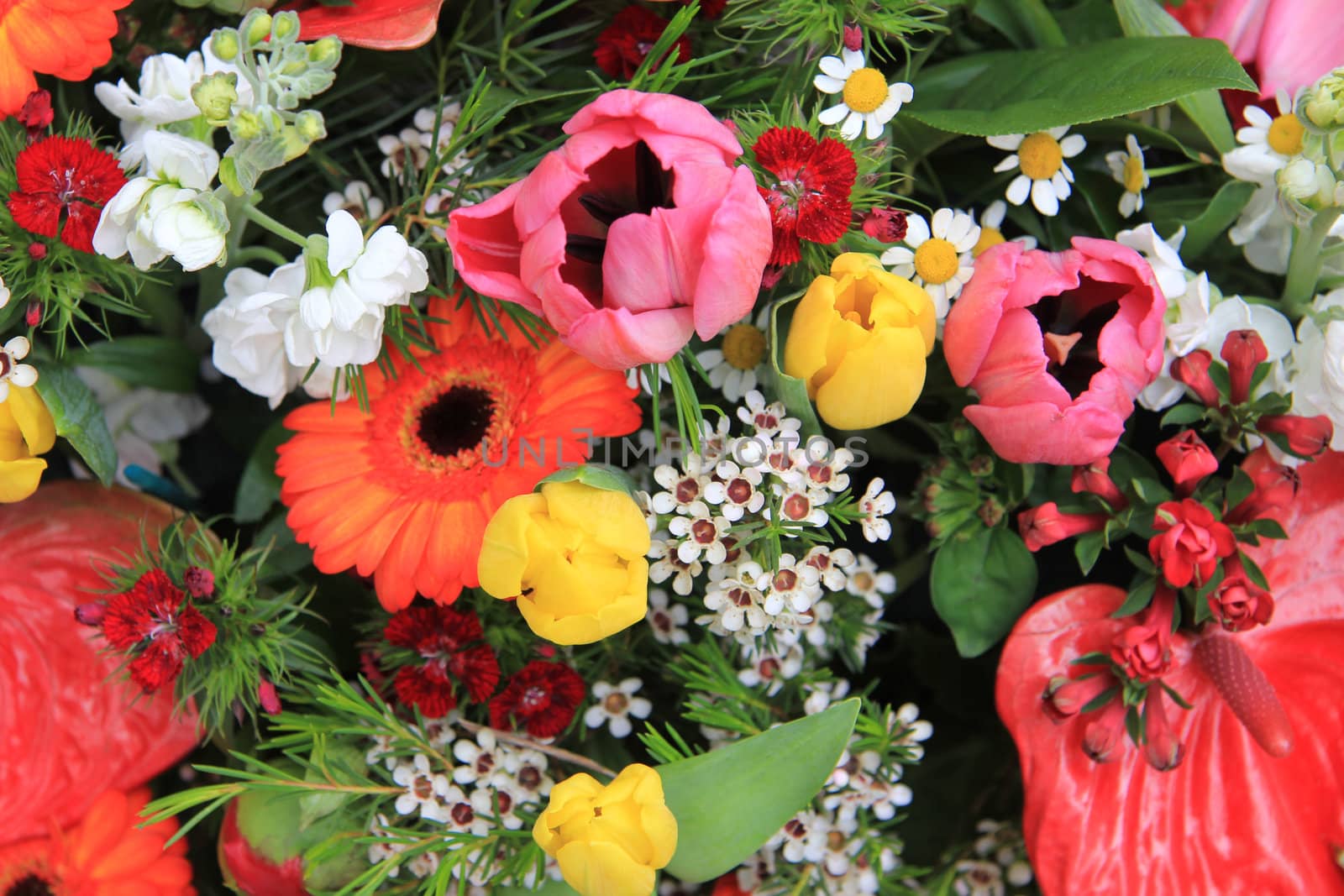 Flower arrangement with different flowers in orange, yellow, pink and red