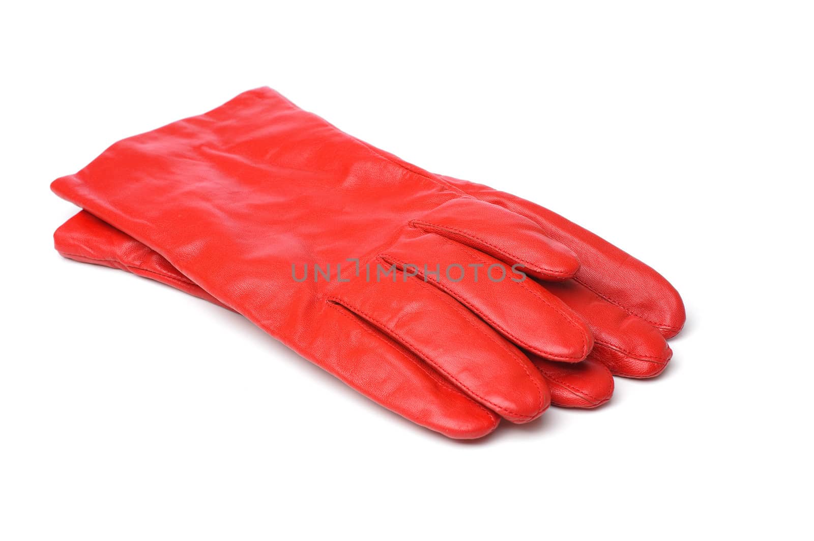 A pair of red leather gloves on white background.