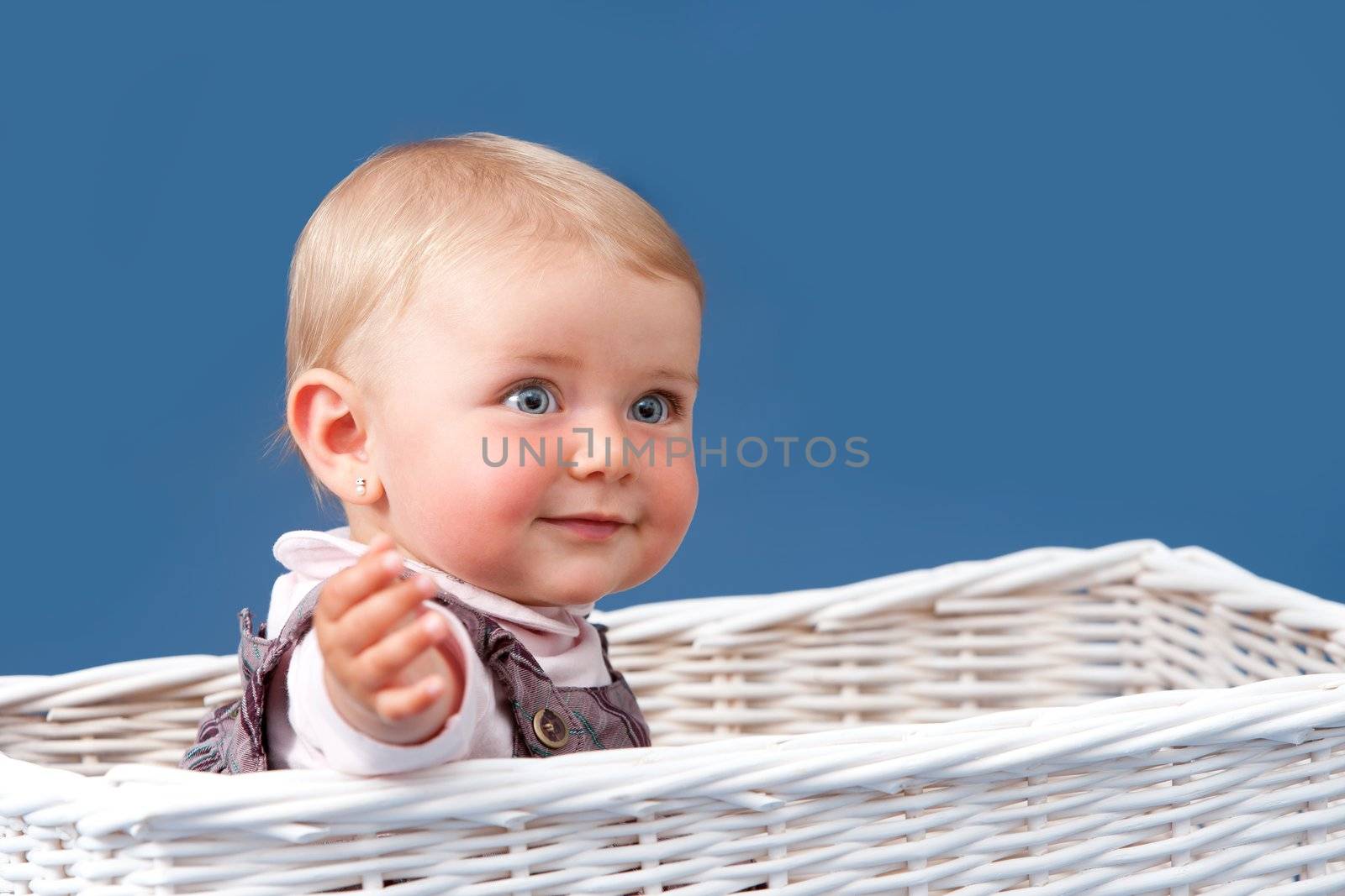 Blue eyed baby girl with relaxed expression sitting in a white basket with blue background.