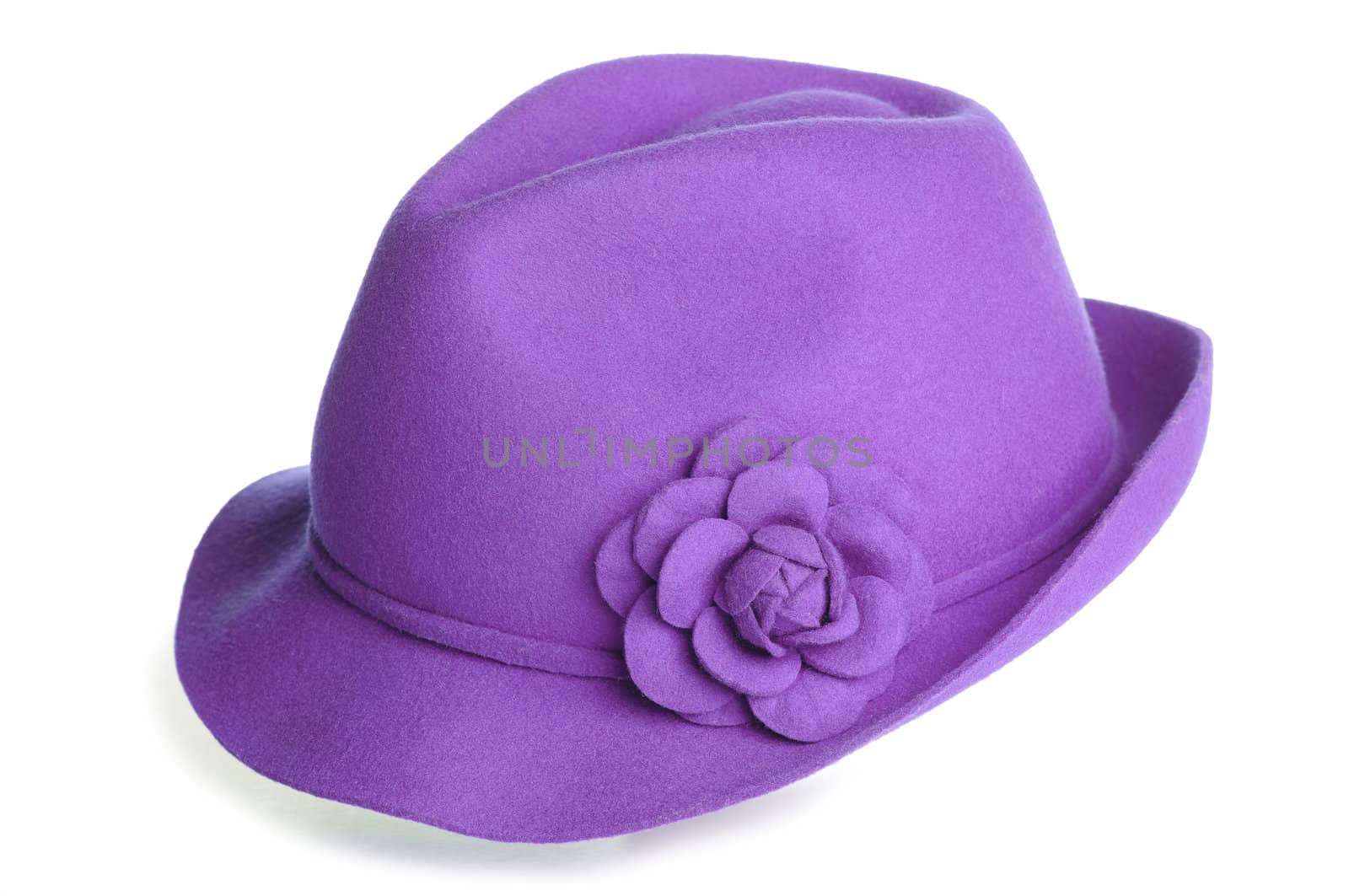 a purple felt hat with a flower on it.