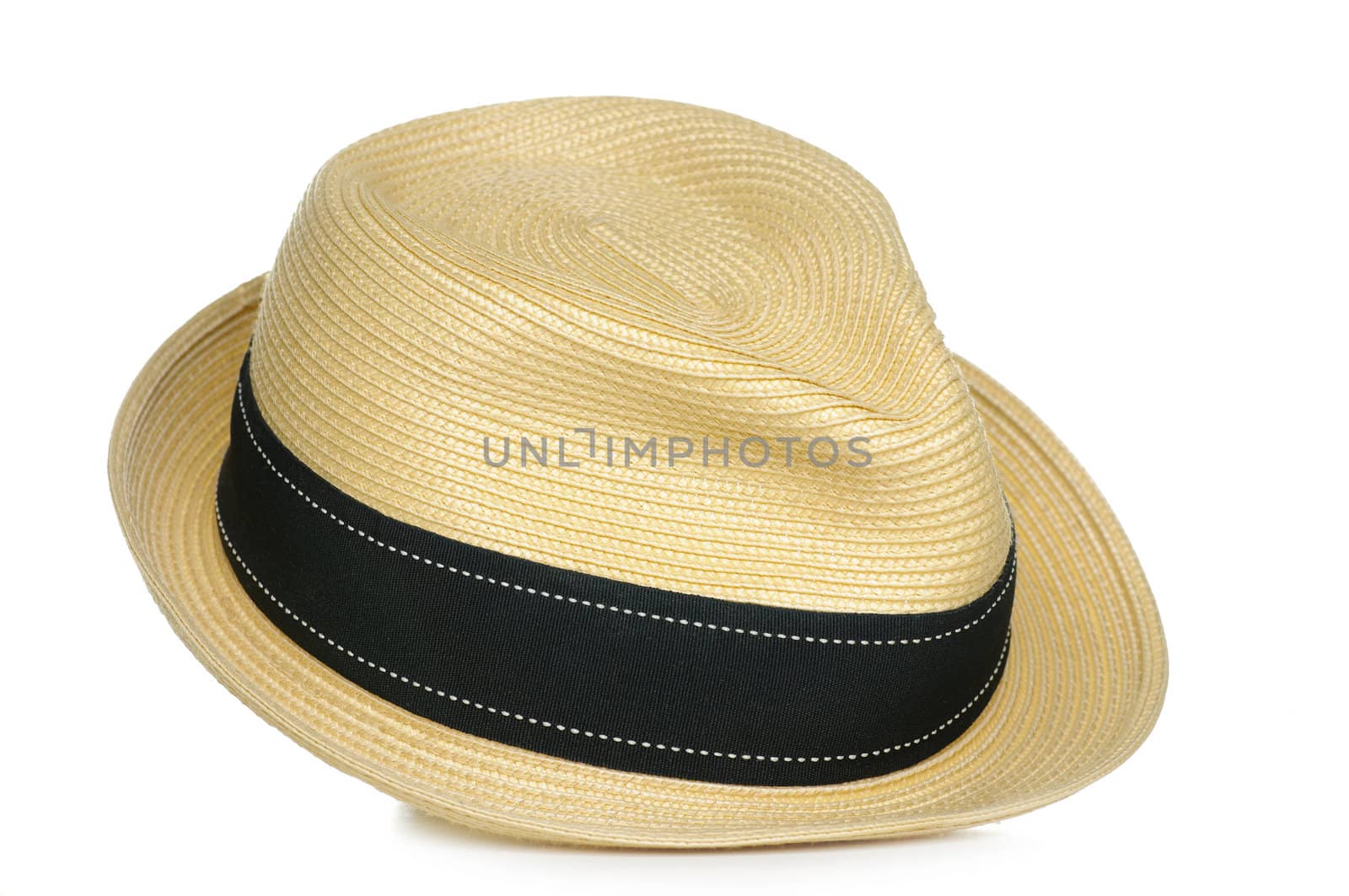 A tan straw fedora hat with a black stripe.