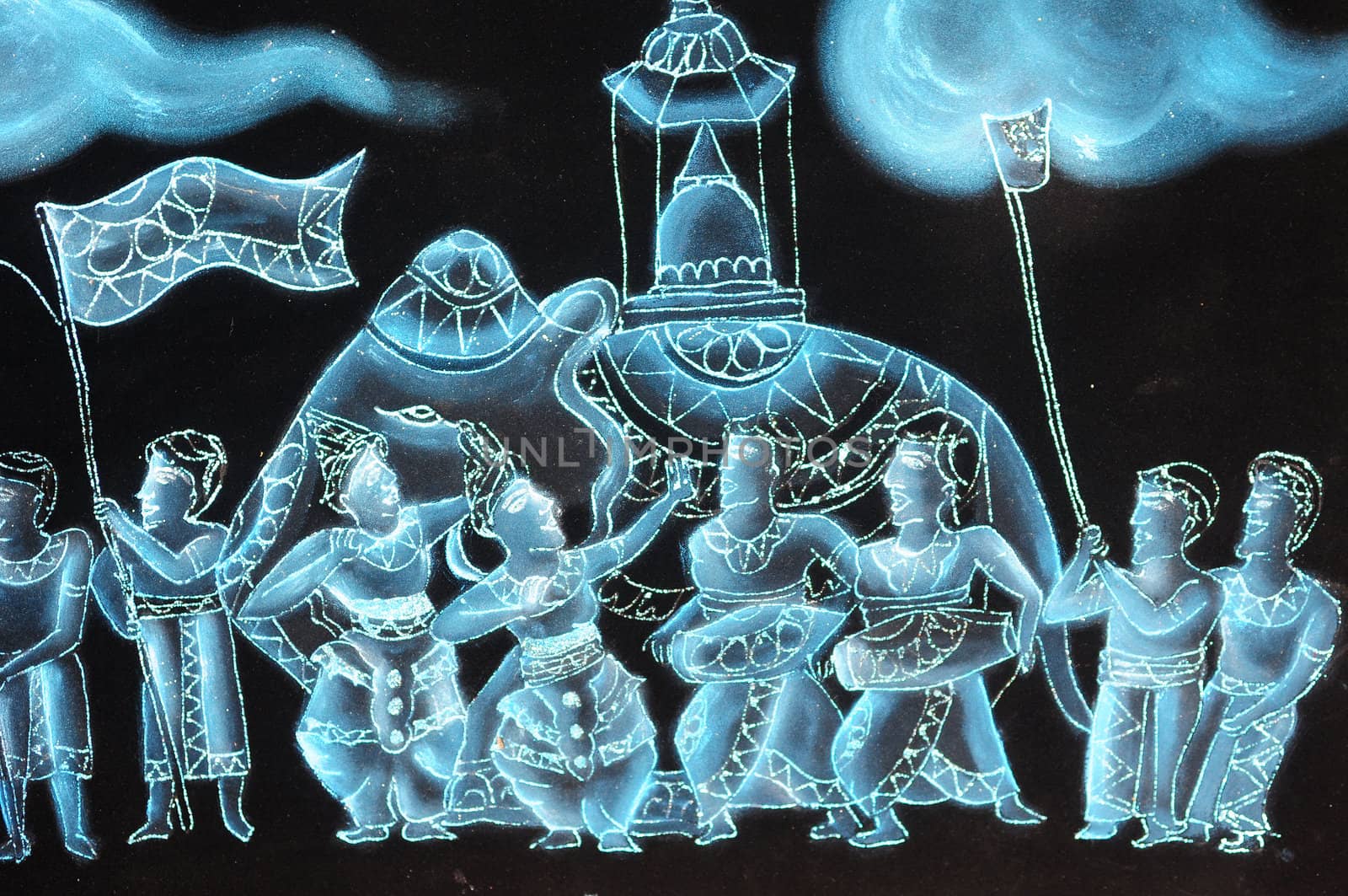 Traditional painting art of Elephant and people in Sri Lanka