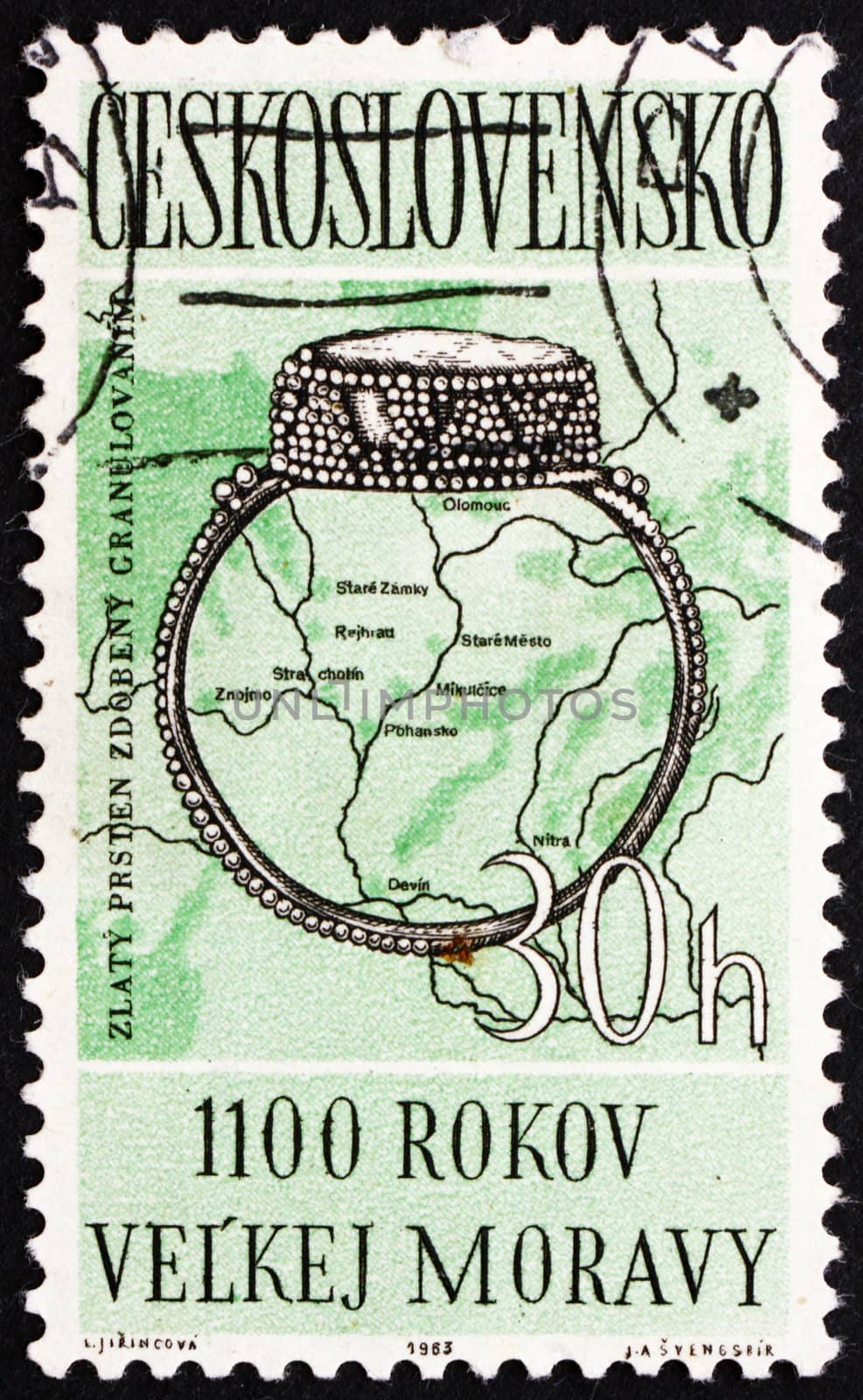 CZECHOSLOVAKIA - CIRCA 1963: a stamp printed in the Czechoslovakia shows 9th Century Ring, Map of Moravian Settlements, 1100th Anniversary of Moravian Empire, circa 1963