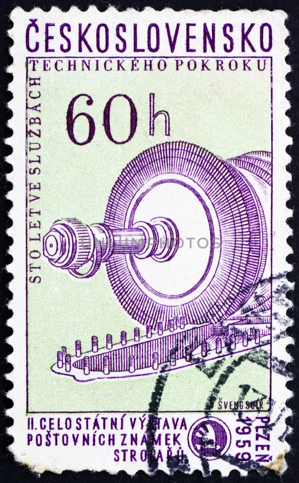 CZECHOSLOVAKIA - CIRCA 1959: a stamp printed in the Czechoslovakia shows Part of Steam Condenser Turbine, Centenary of the Skoda Armament Works, circa 1959