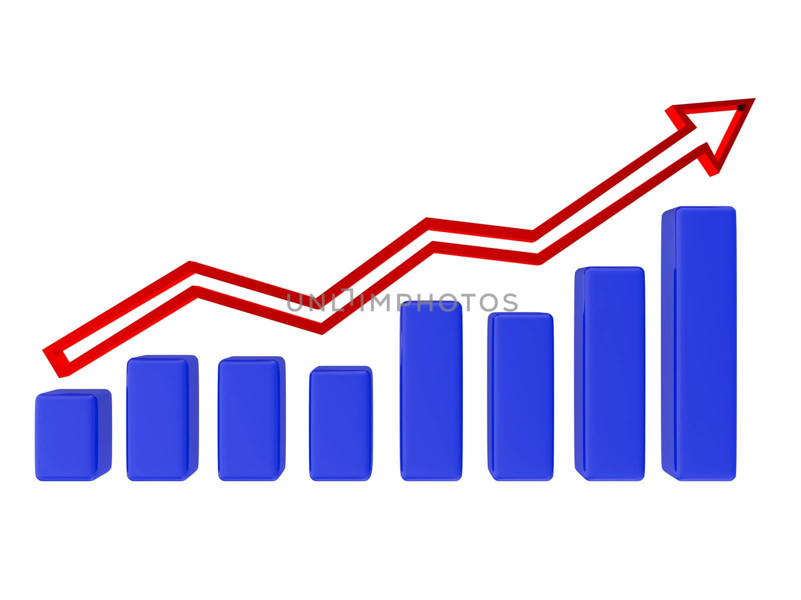 Blue graph and red arrow on a white background