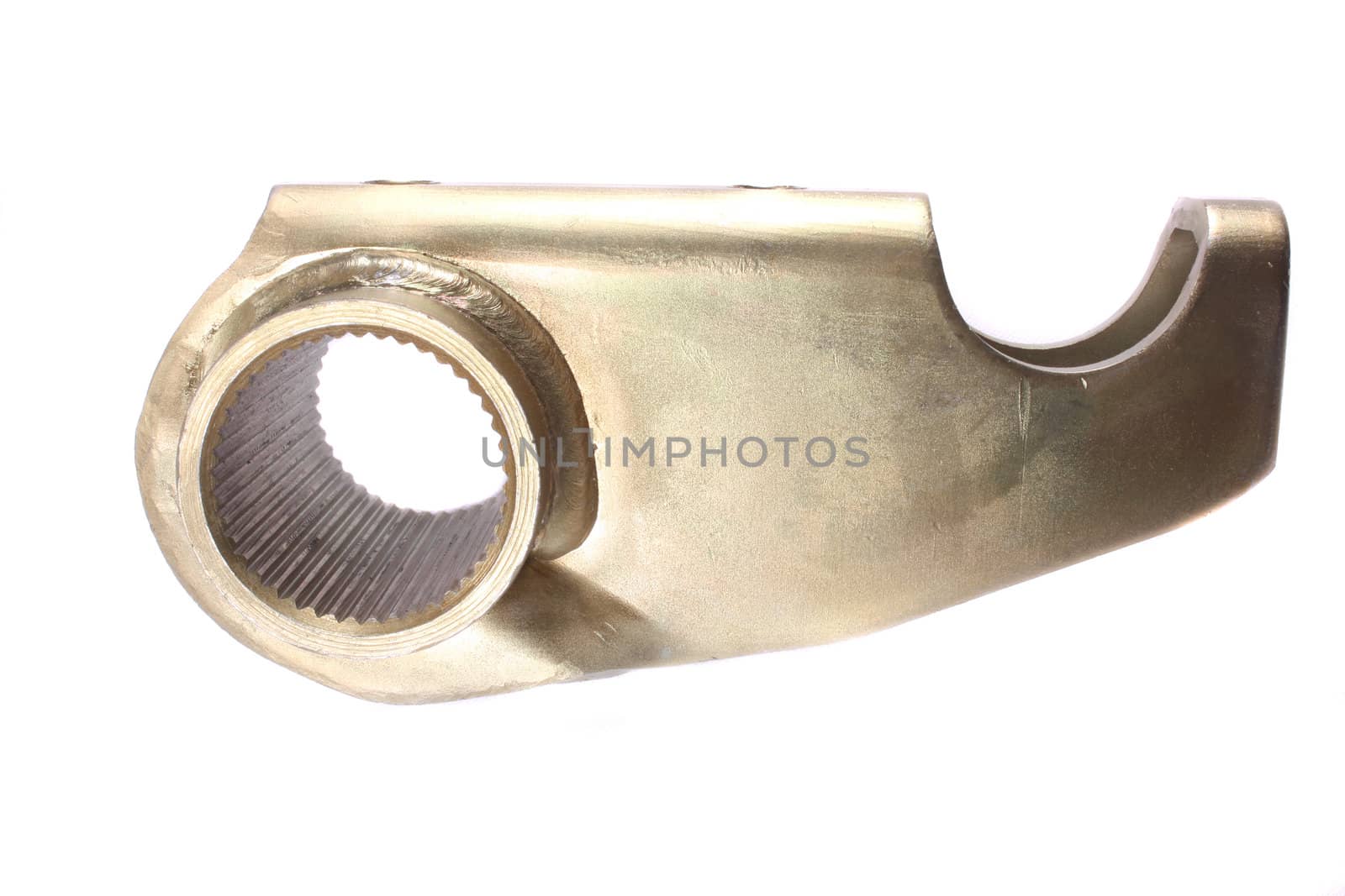 A newly manufactured mechanical part used in car engines, on white studio background.